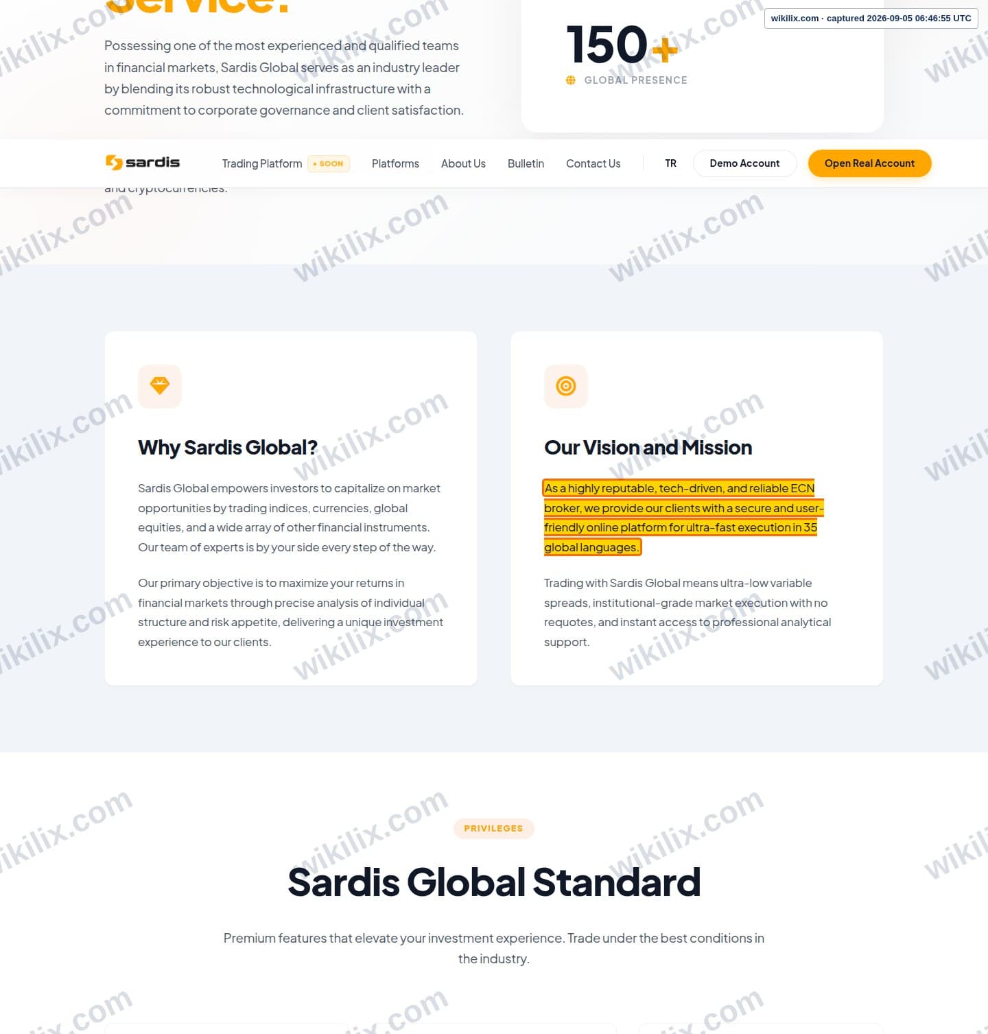 Our full page screenshot of the page that makes this promise, on sardis's site sardisglobal.com, taken on Sep 5, 2026. The quoted words are marked in the image.