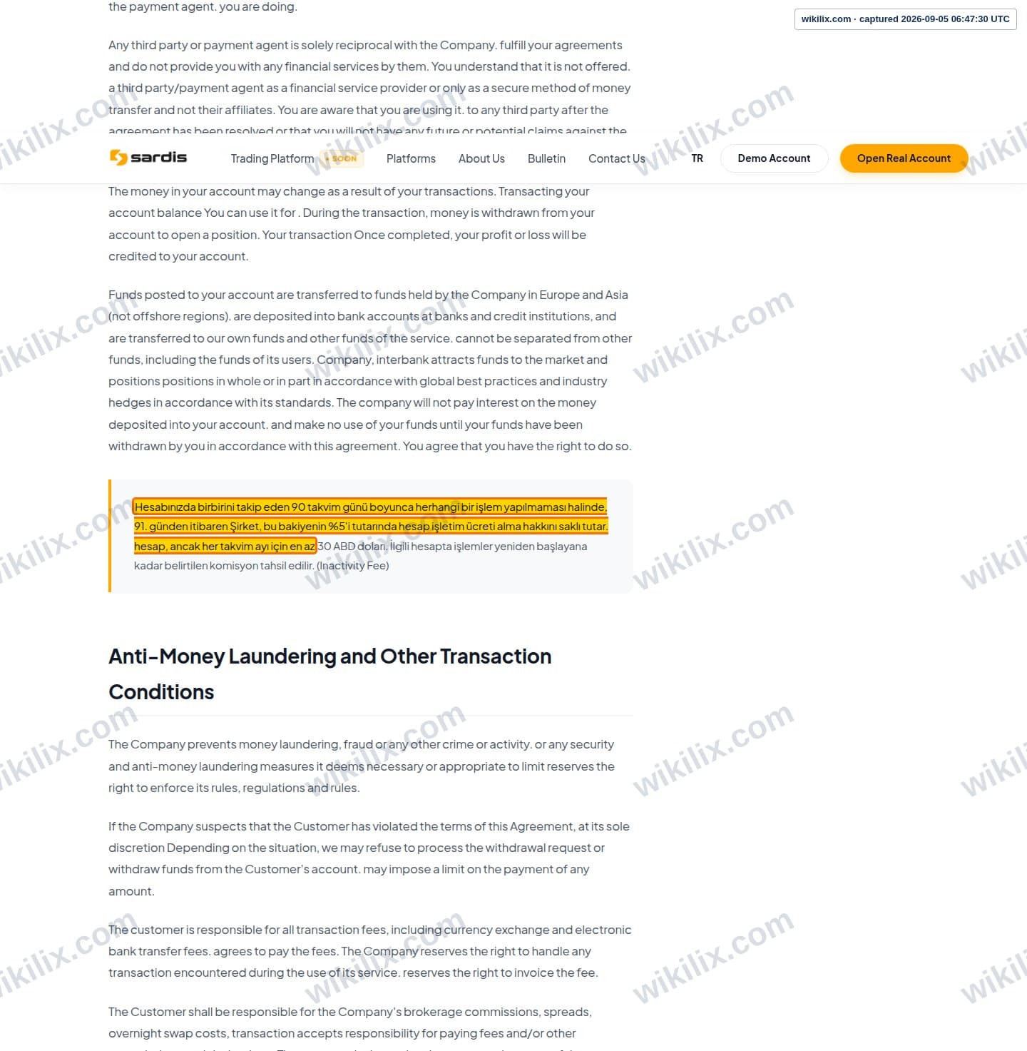 Our full page screenshot of the page this clause sits on, on sardis's site sardisglobal.com, taken on Sep 5, 2026. The quoted words are marked in the image.