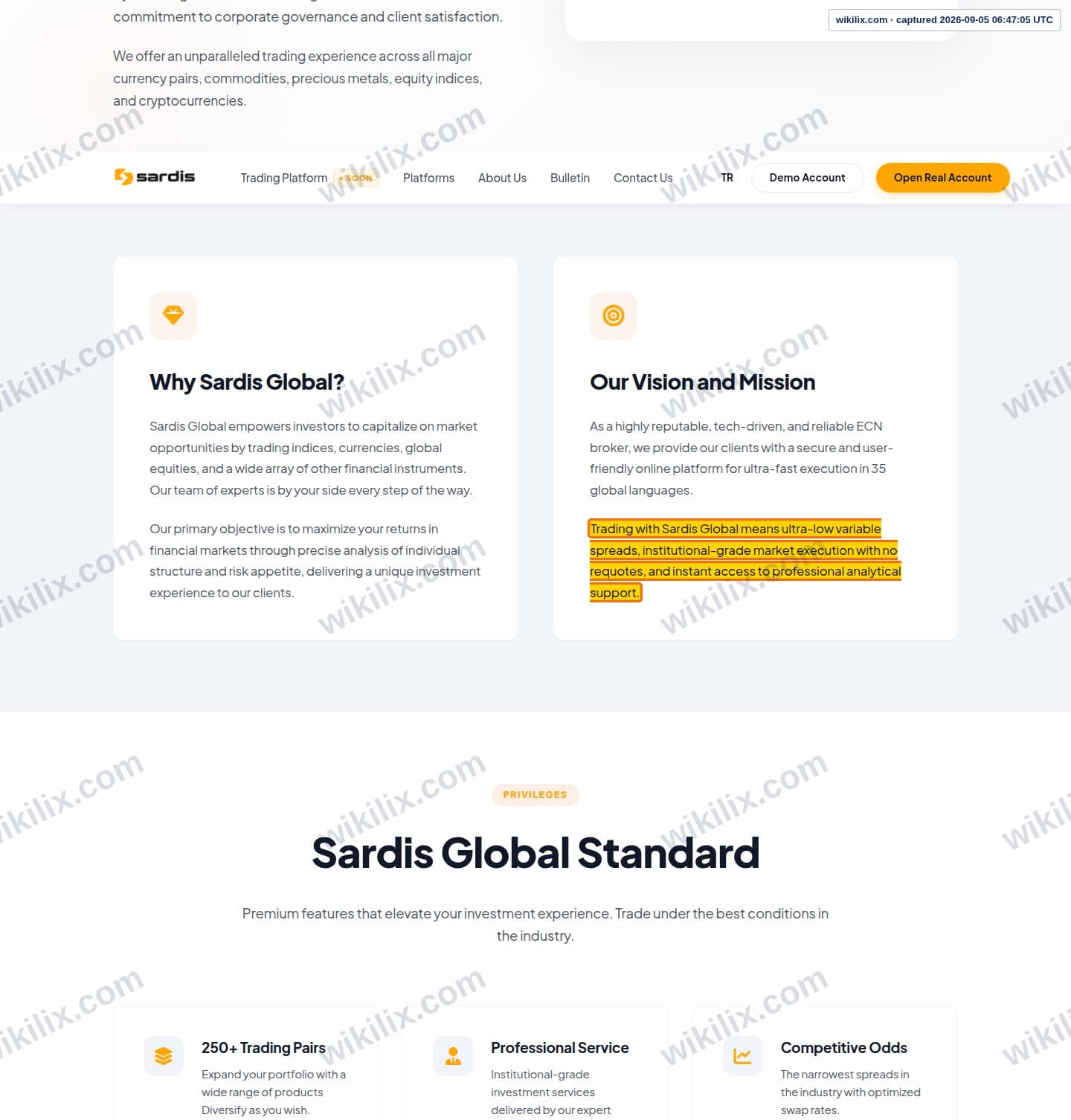 Our full page screenshot of the page that makes this promise, on sardis's site sardisglobal.com, taken on Sep 5, 2026. The quoted words are marked in the image.