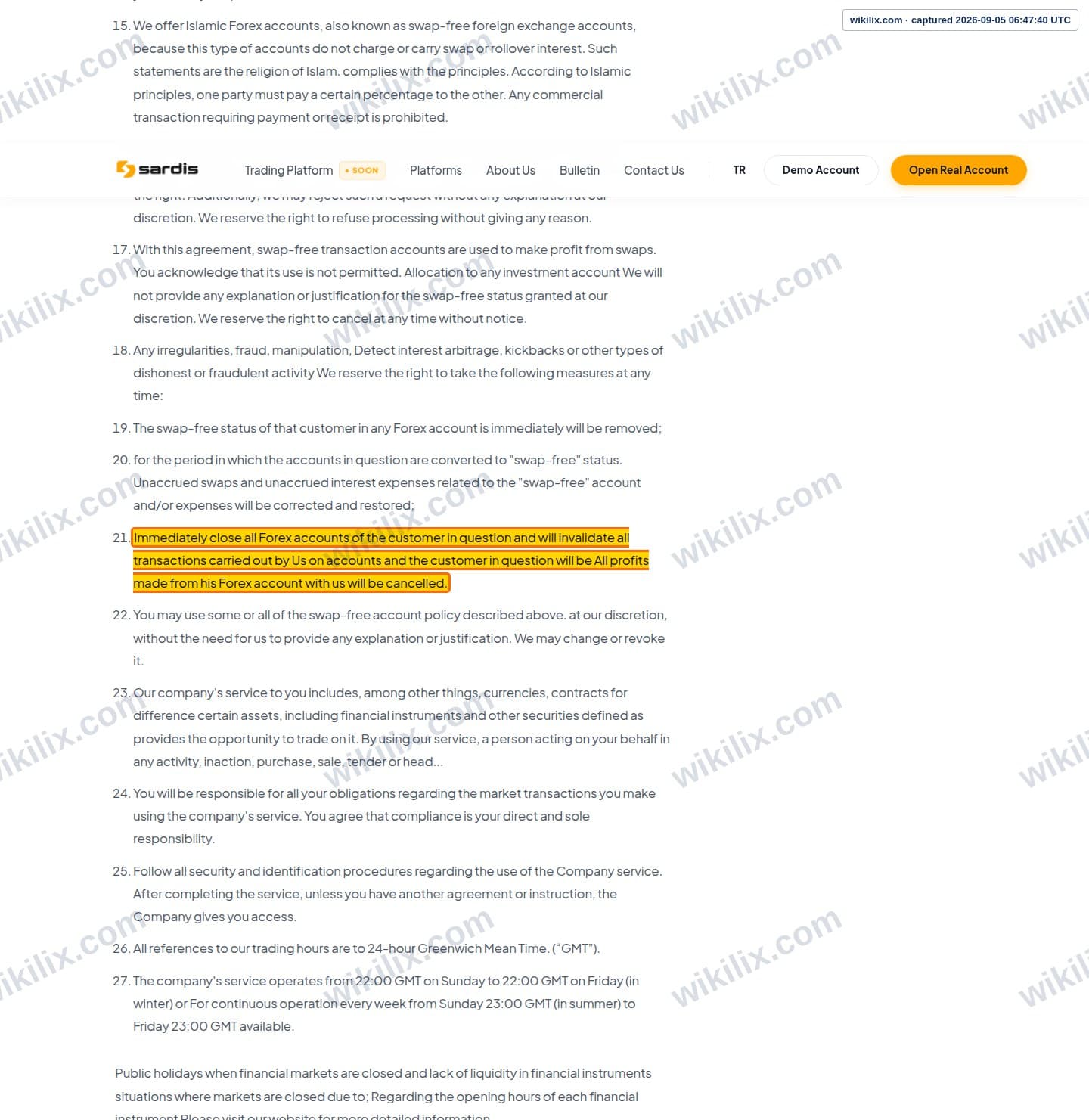 Our full page screenshot of the page this clause sits on, on sardis's site sardisglobal.com, taken on Sep 5, 2026. The quoted words are marked in the image.