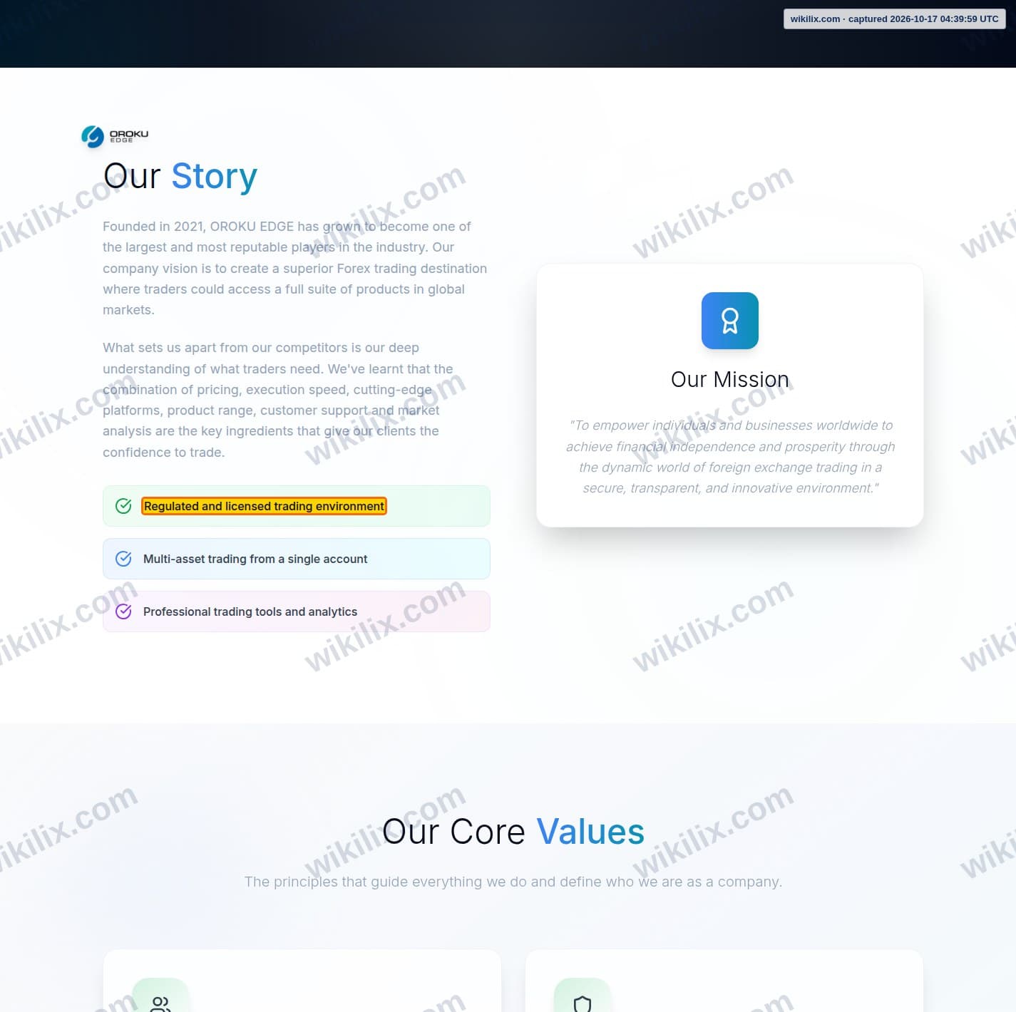 Our full page screenshot of the page that makes this promise, on OROKU EDGE's site orokuedgeglobal.com, taken on Oct 17, 2026. The quoted words are marked in the image.