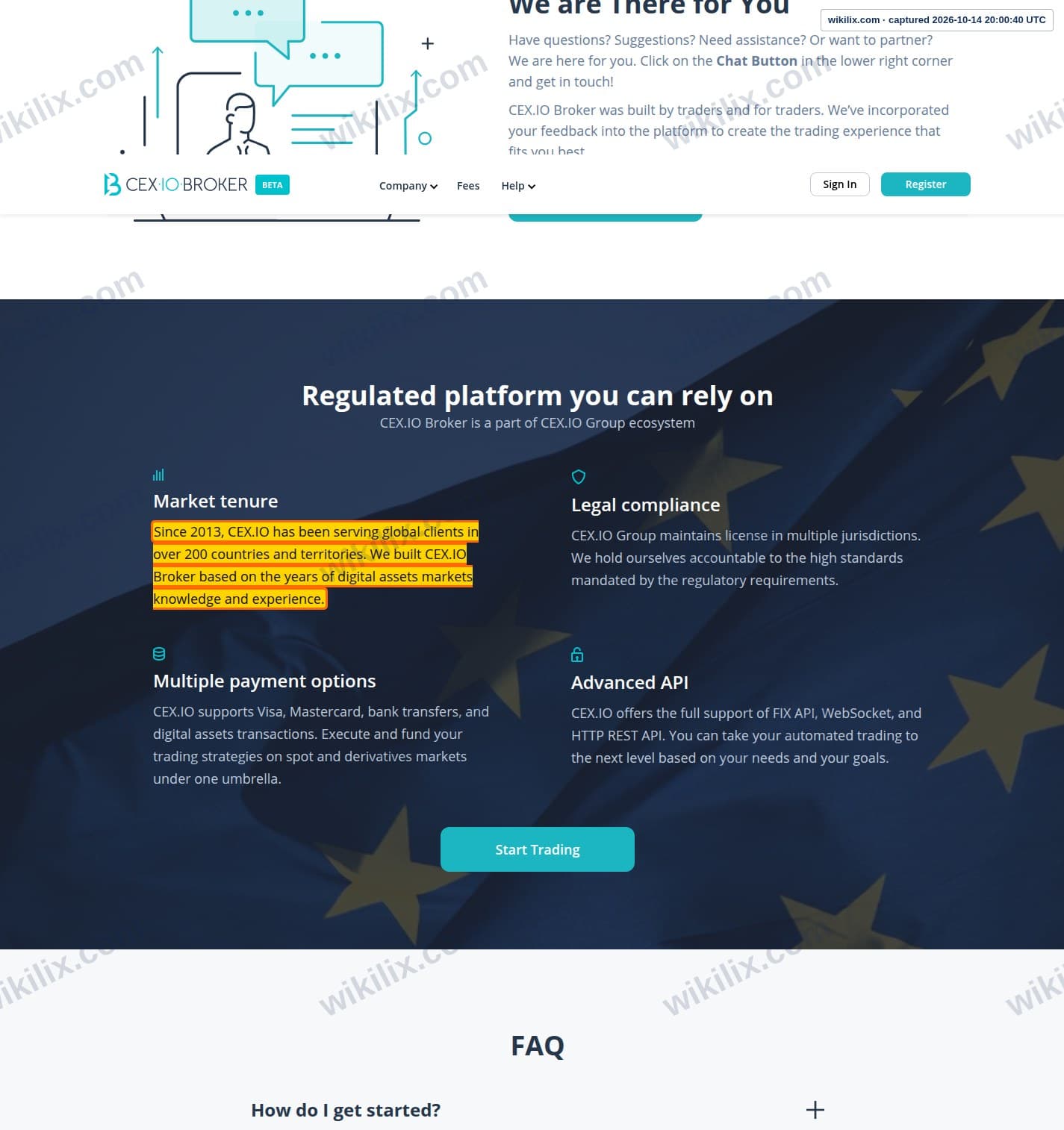 Our full page screenshot of the page that makes this promise, on CEX.IO Broker's site cexbro.com, taken on Oct 14, 2026. The quoted words are marked in the image.