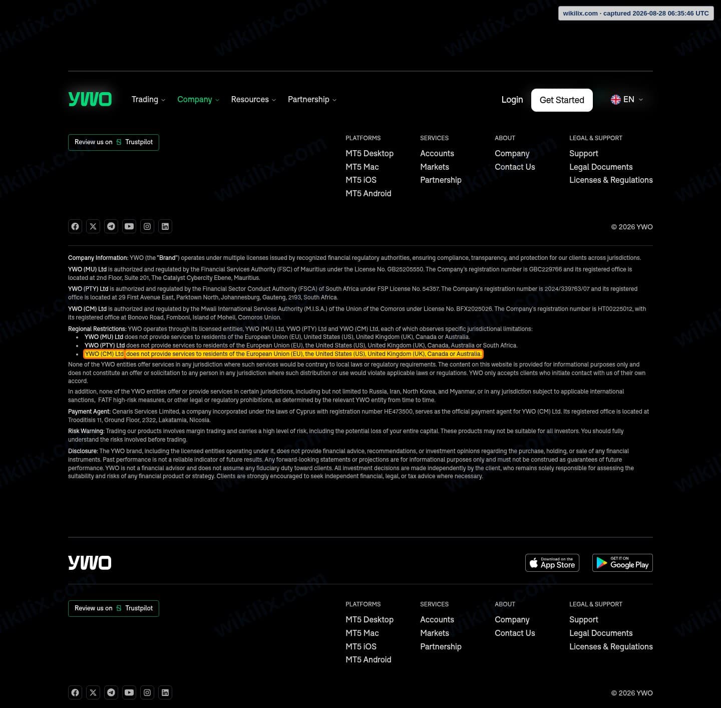 Our full page screenshot of the page this clause sits on, on YWO's site ywo.com, taken on Aug 28, 2026. The quoted words are marked in the image.