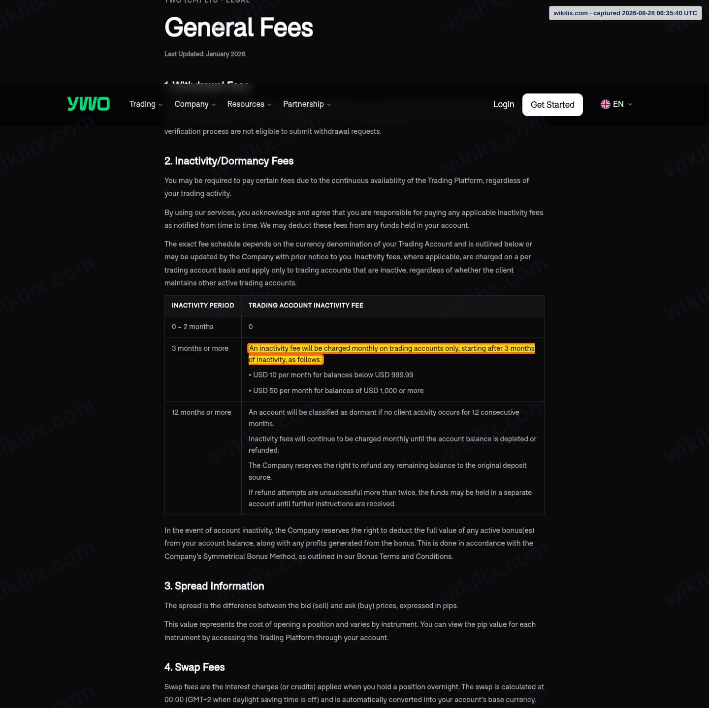 Our full page screenshot of the page this clause sits on, on YWO's site ywo.com, taken on Aug 28, 2026. The quoted words are marked in the image.