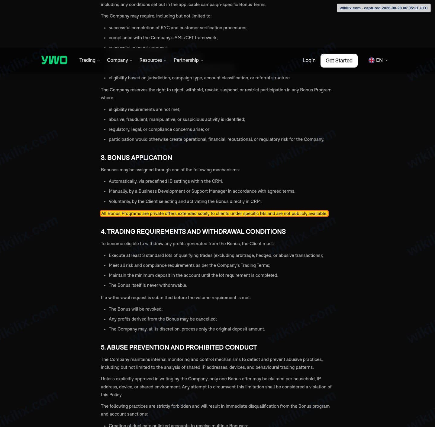 Our full page screenshot of the page this clause sits on, on YWO's site ywo.com, taken on Aug 28, 2026. The quoted words are marked in the image.