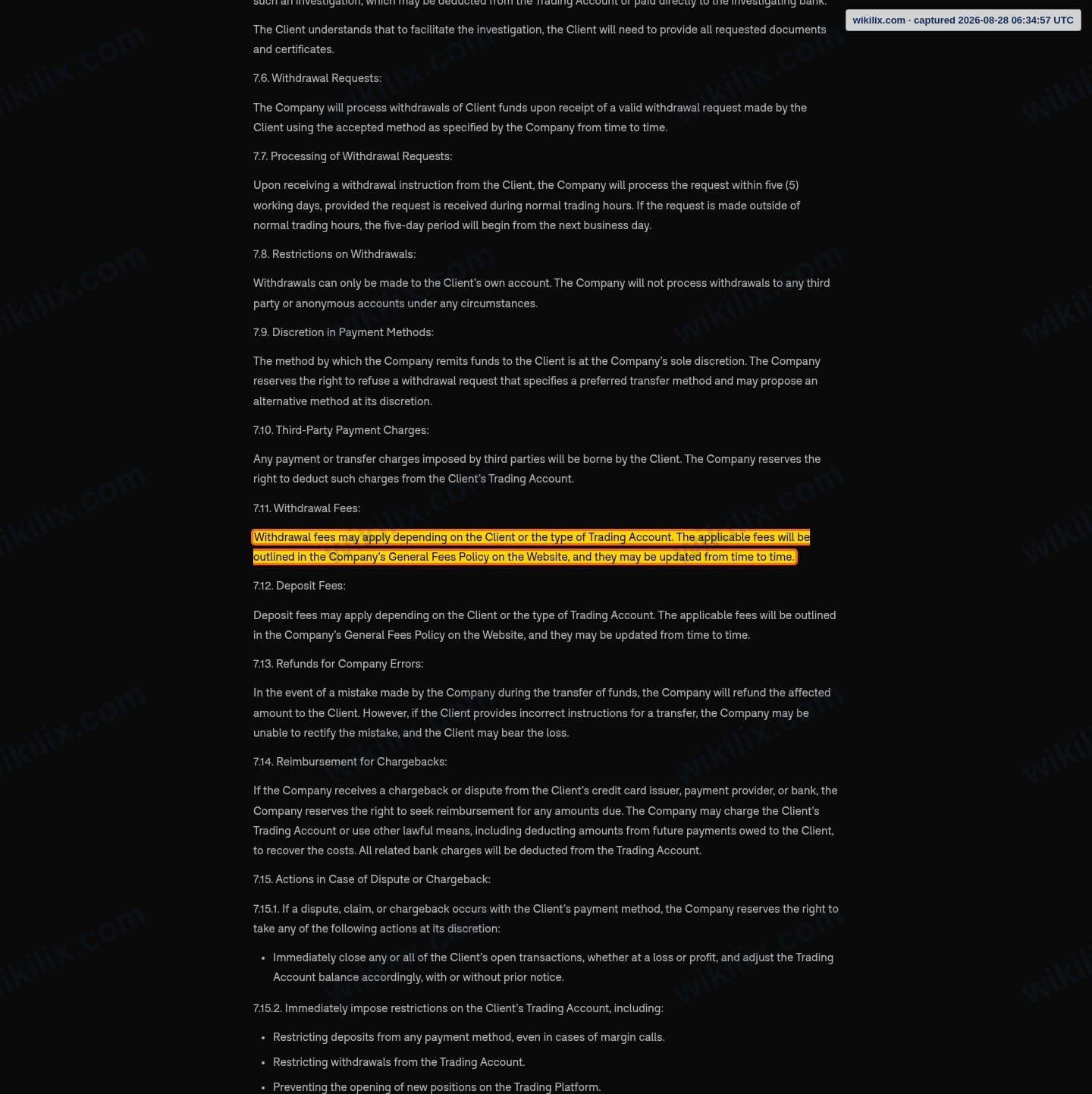 Our full page screenshot of the page this clause sits on, on YWO's site ywo.com, taken on Aug 28, 2026. The quoted words are marked in the image.
