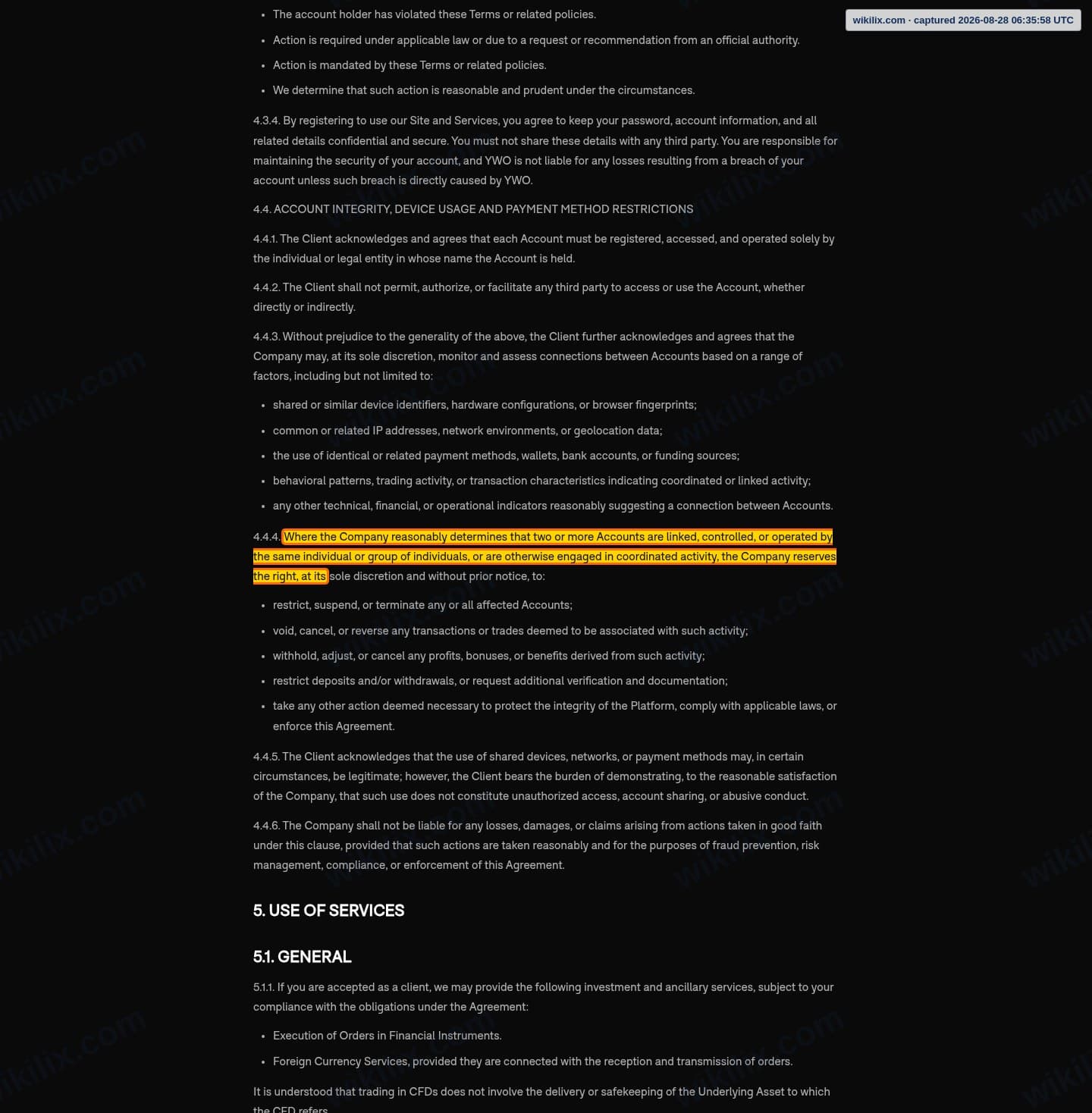 Our full page screenshot of the page this clause sits on, on YWO's site ywo.com, taken on Aug 28, 2026. The quoted words are marked in the image.