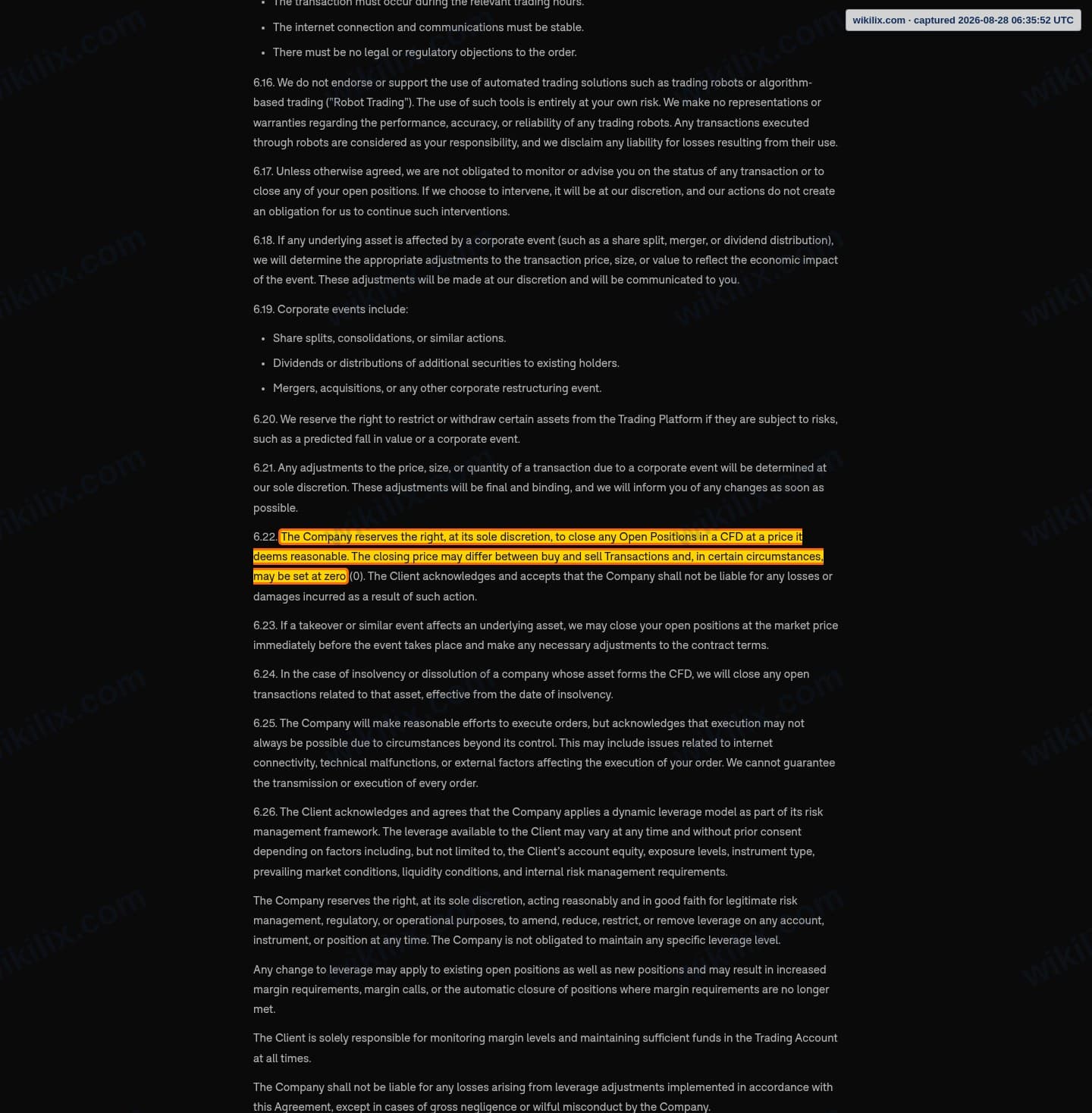 Our full page screenshot of the page this clause sits on, on YWO's site ywo.com, taken on Aug 28, 2026. The quoted words are marked in the image.