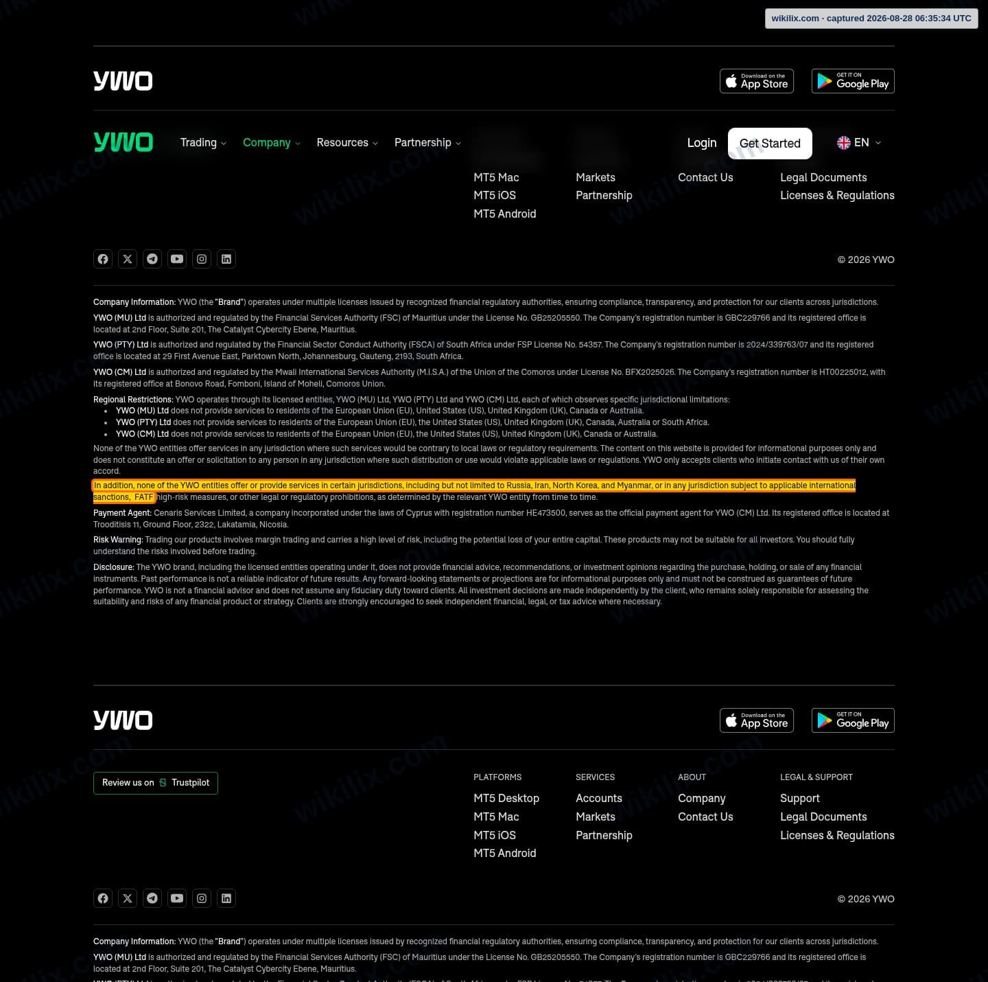 Our full page screenshot of the page this clause sits on, on YWO's site ywo.com, taken on Aug 28, 2026. The quoted words are marked in the image.
