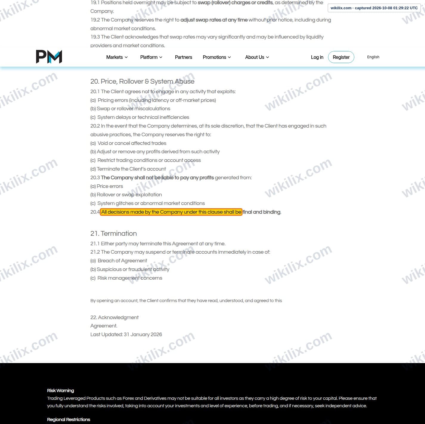Our full page screenshot of the page this clause sits on, on Phyntex Markets's site phyntexmarkets.com, taken on Oct 8, 2026. The quoted words are marked in the image.