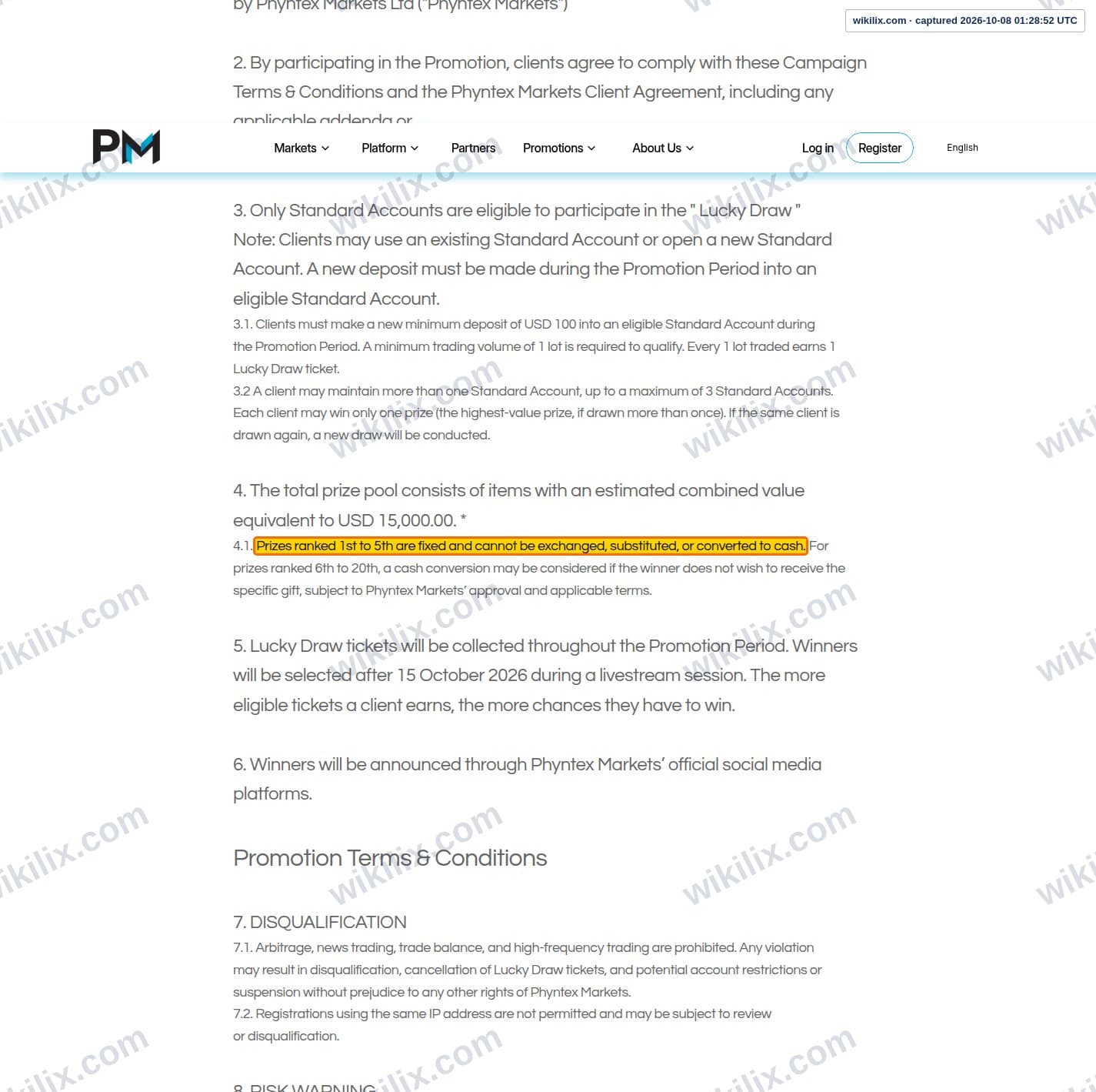 Our full page screenshot of the page this clause sits on, on Phyntex Markets's site phyntexmarkets.com, taken on Oct 8, 2026. The quoted words are marked in the image.