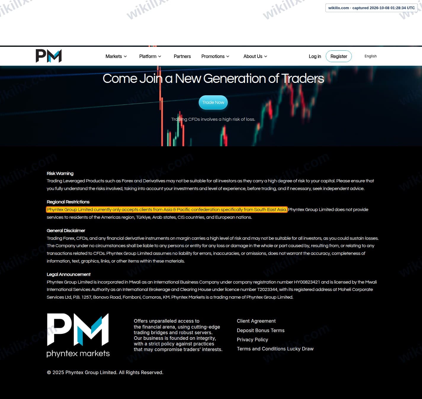 Our full page screenshot of the page that makes this promise, on Phyntex Markets's site phyntexmarkets.com, taken on Oct 8, 2026. The quoted words are marked in the image.
