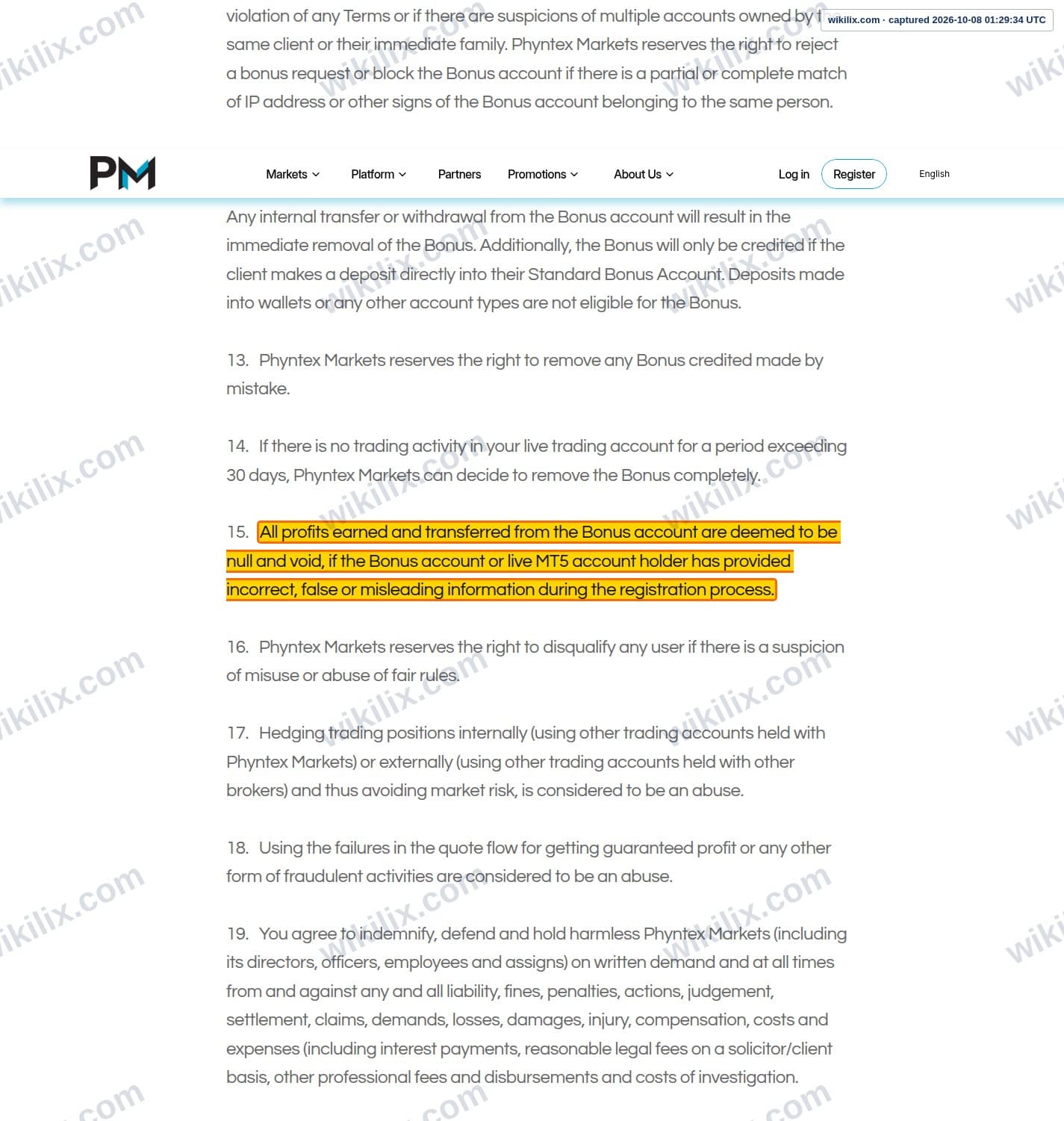 Our full page screenshot of the page this clause sits on, on Phyntex Markets's site phyntexmarkets.com, taken on Oct 8, 2026. The quoted words are marked in the image.