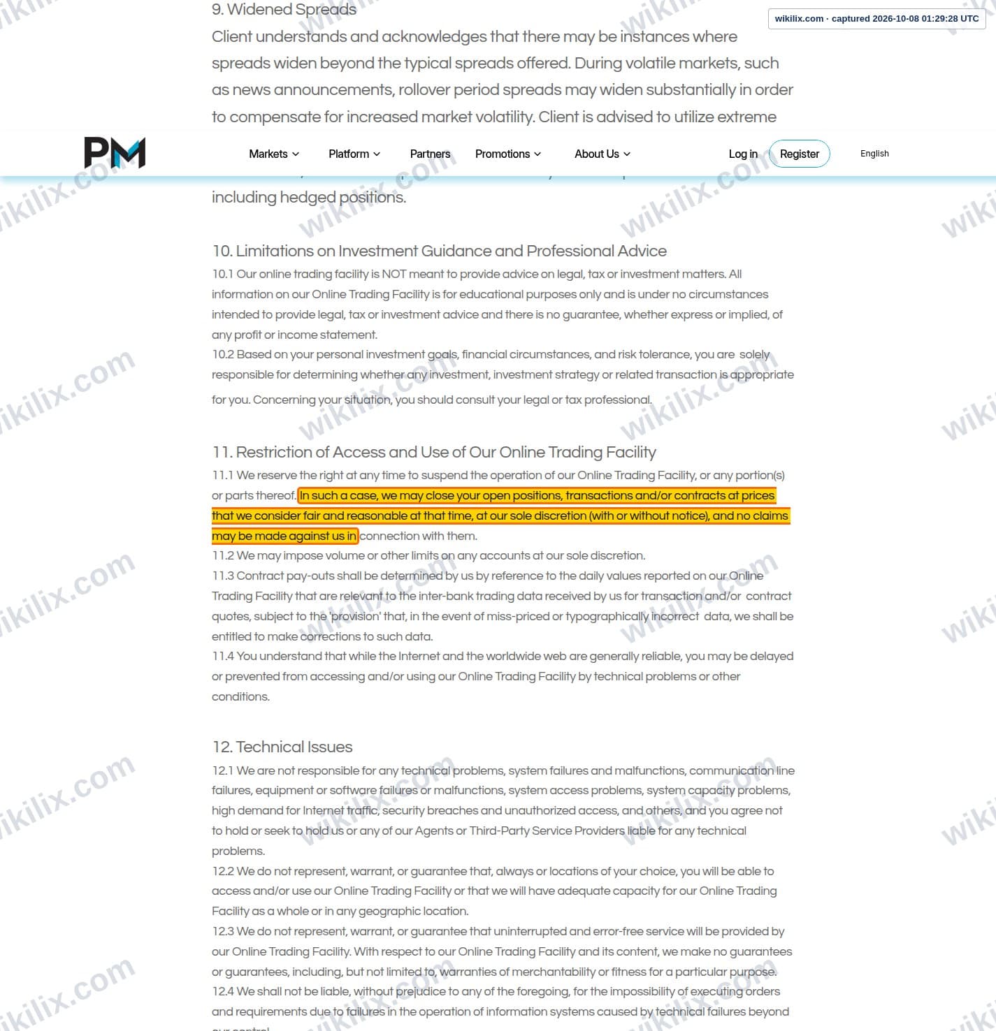 Our full page screenshot of the page this clause sits on, on Phyntex Markets's site phyntexmarkets.com, taken on Oct 8, 2026. The quoted words are marked in the image.