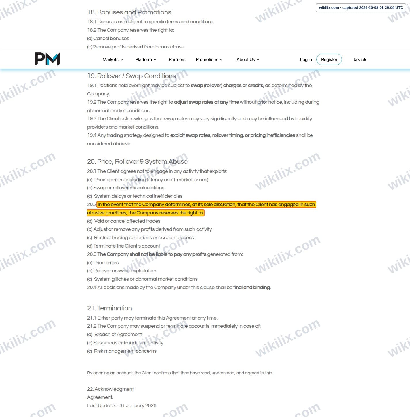 Our full page screenshot of the page this clause sits on, on Phyntex Markets's site phyntexmarkets.com, taken on Oct 8, 2026. The quoted words are marked in the image.