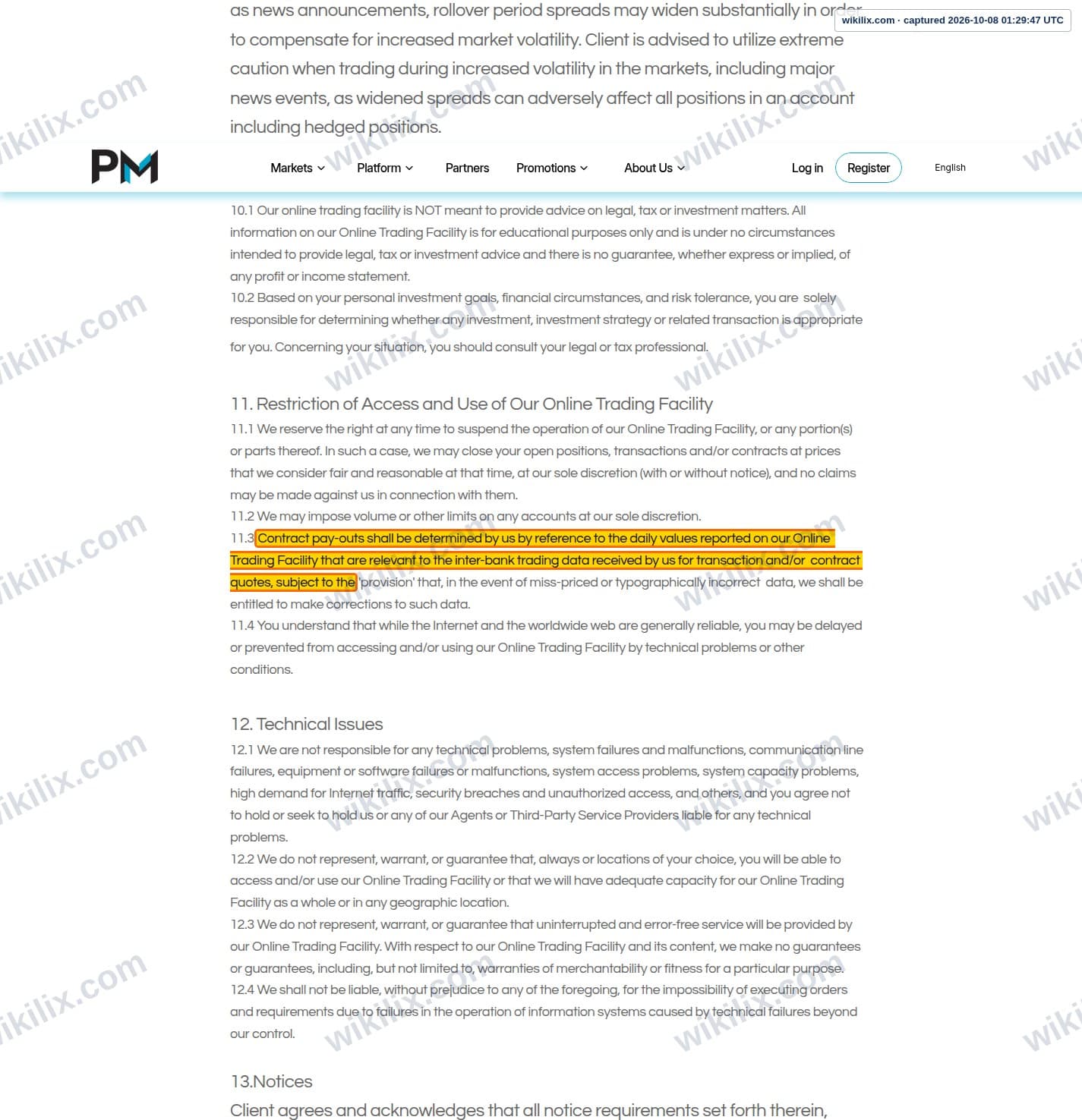 Our full page screenshot of the page this clause sits on, on Phyntex Markets's site phyntexmarkets.com, taken on Oct 8, 2026. The quoted words are marked in the image.