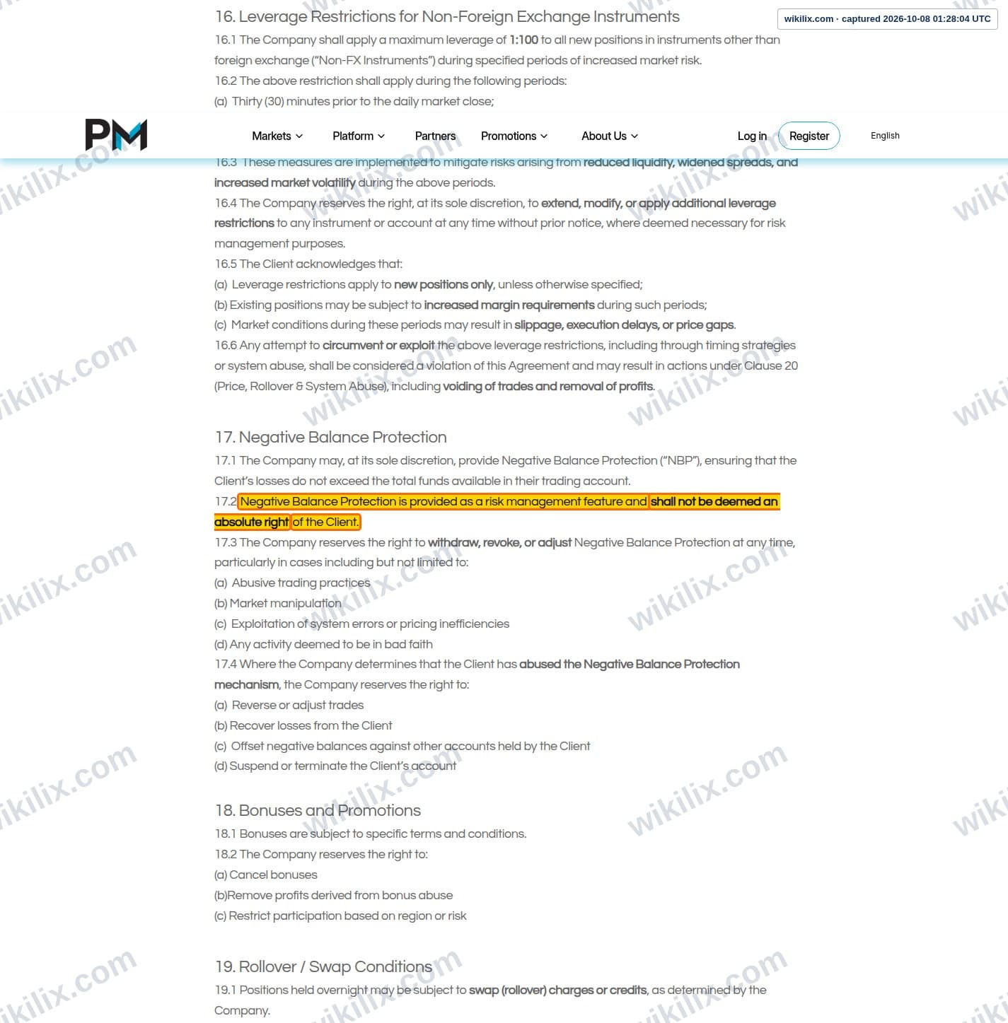 Our full page screenshot of the page this clause sits on, on Phyntex Markets's site phyntexmarkets.com, taken on Oct 8, 2026. The quoted words are marked in the image.