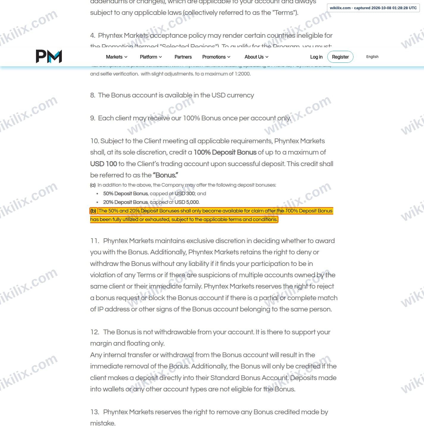Our full page screenshot of the page this clause sits on, on Phyntex Markets's site phyntexmarkets.com, taken on Oct 8, 2026. The quoted words are marked in the image.