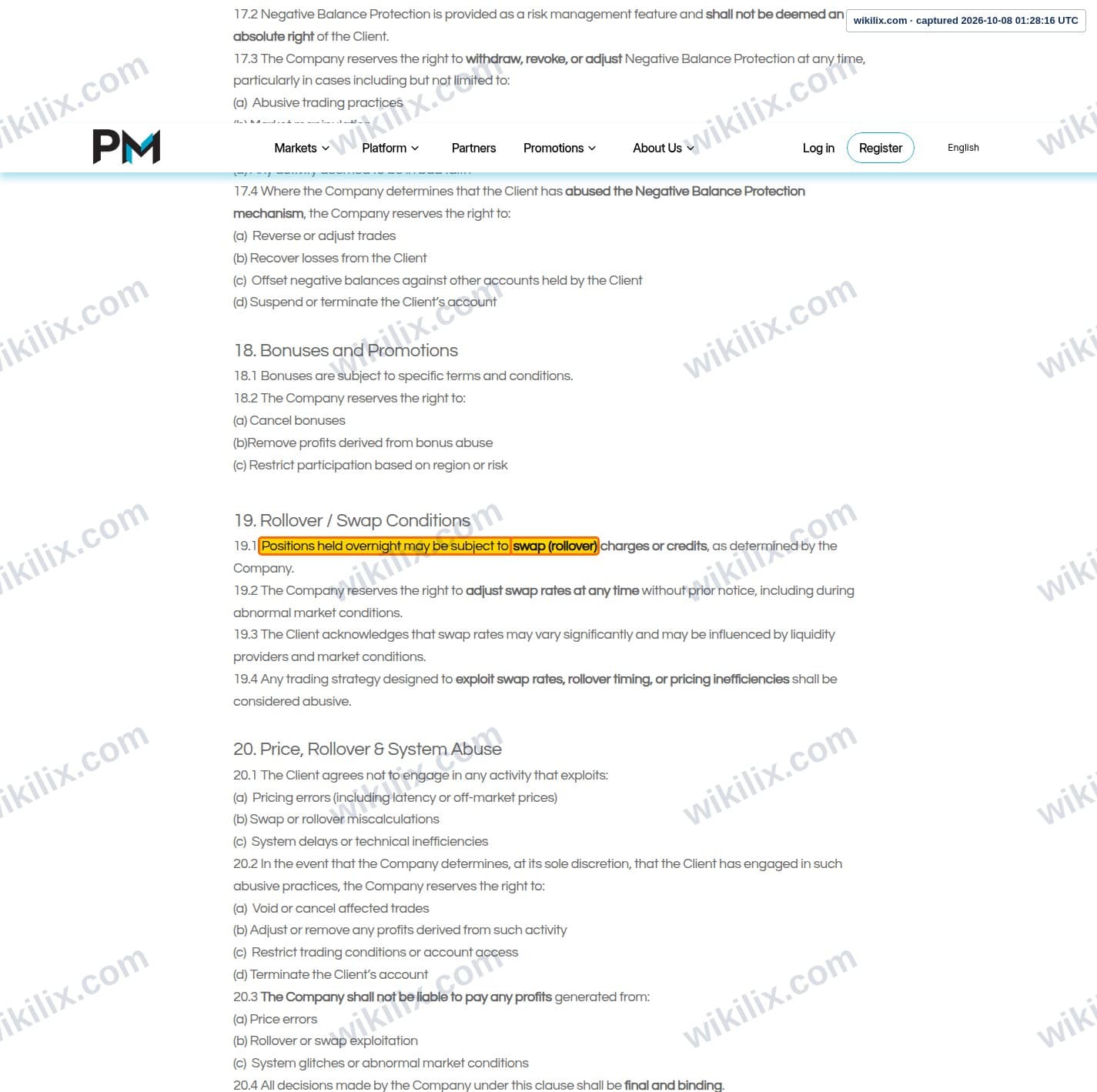 Our full page screenshot of the page this clause sits on, on Phyntex Markets's site phyntexmarkets.com, taken on Oct 8, 2026. The quoted words are marked in the image.