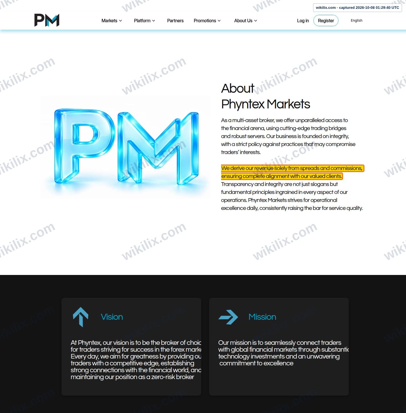 Our full page screenshot of the page that makes this promise, on Phyntex Markets's site phyntexmarkets.com, taken on Oct 8, 2026. The quoted words are marked in the image.