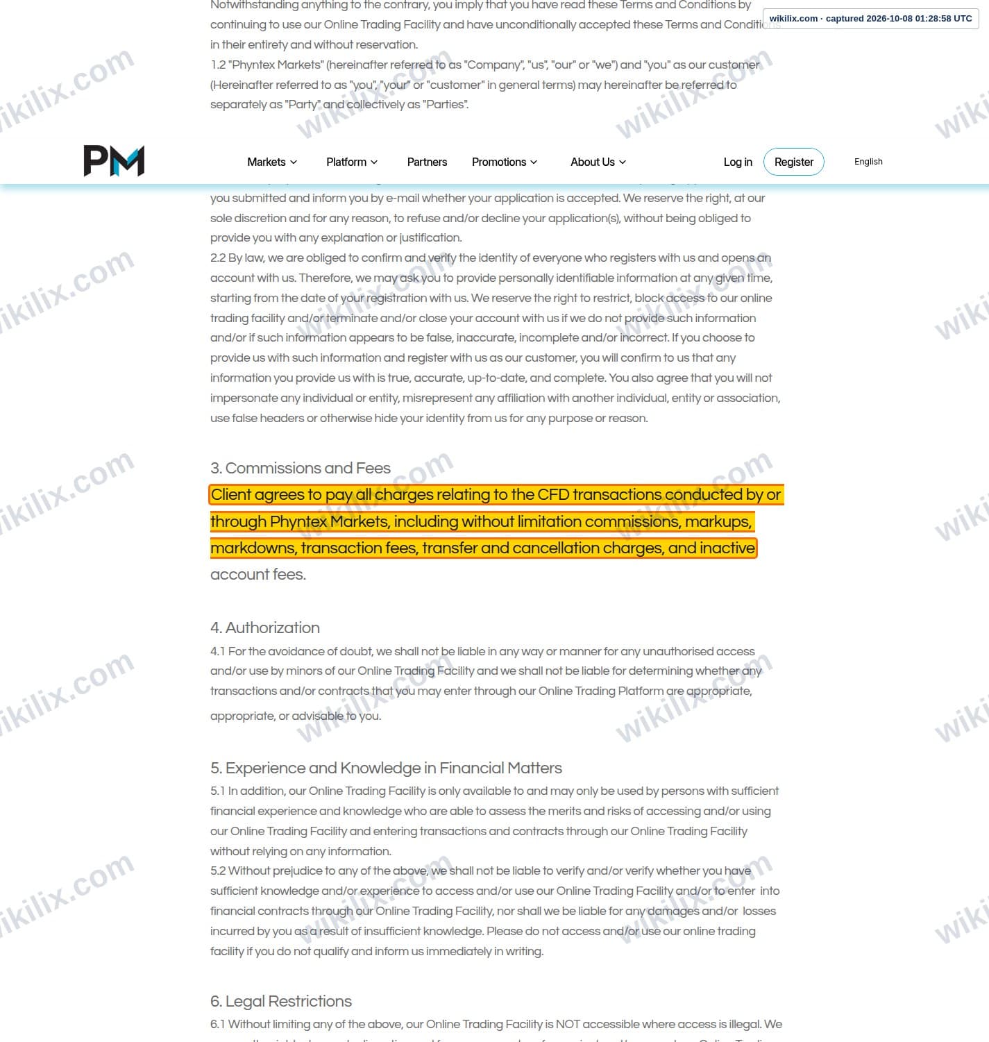 Our full page screenshot of the page this clause sits on, on Phyntex Markets's site phyntexmarkets.com, taken on Oct 8, 2026. The quoted words are marked in the image.