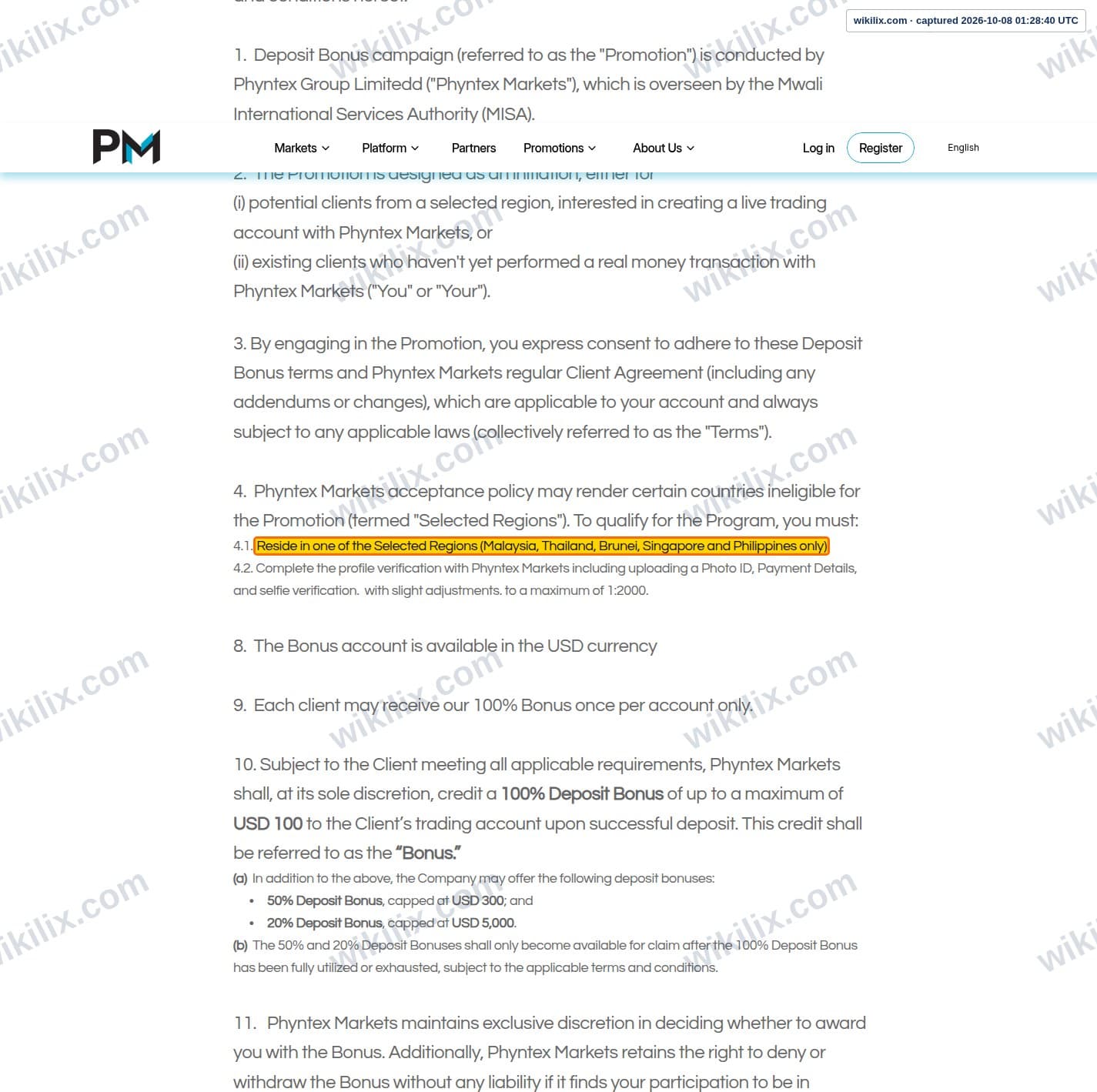 Our full page screenshot of the page this clause sits on, on Phyntex Markets's site phyntexmarkets.com, taken on Oct 8, 2026. The quoted words are marked in the image.
