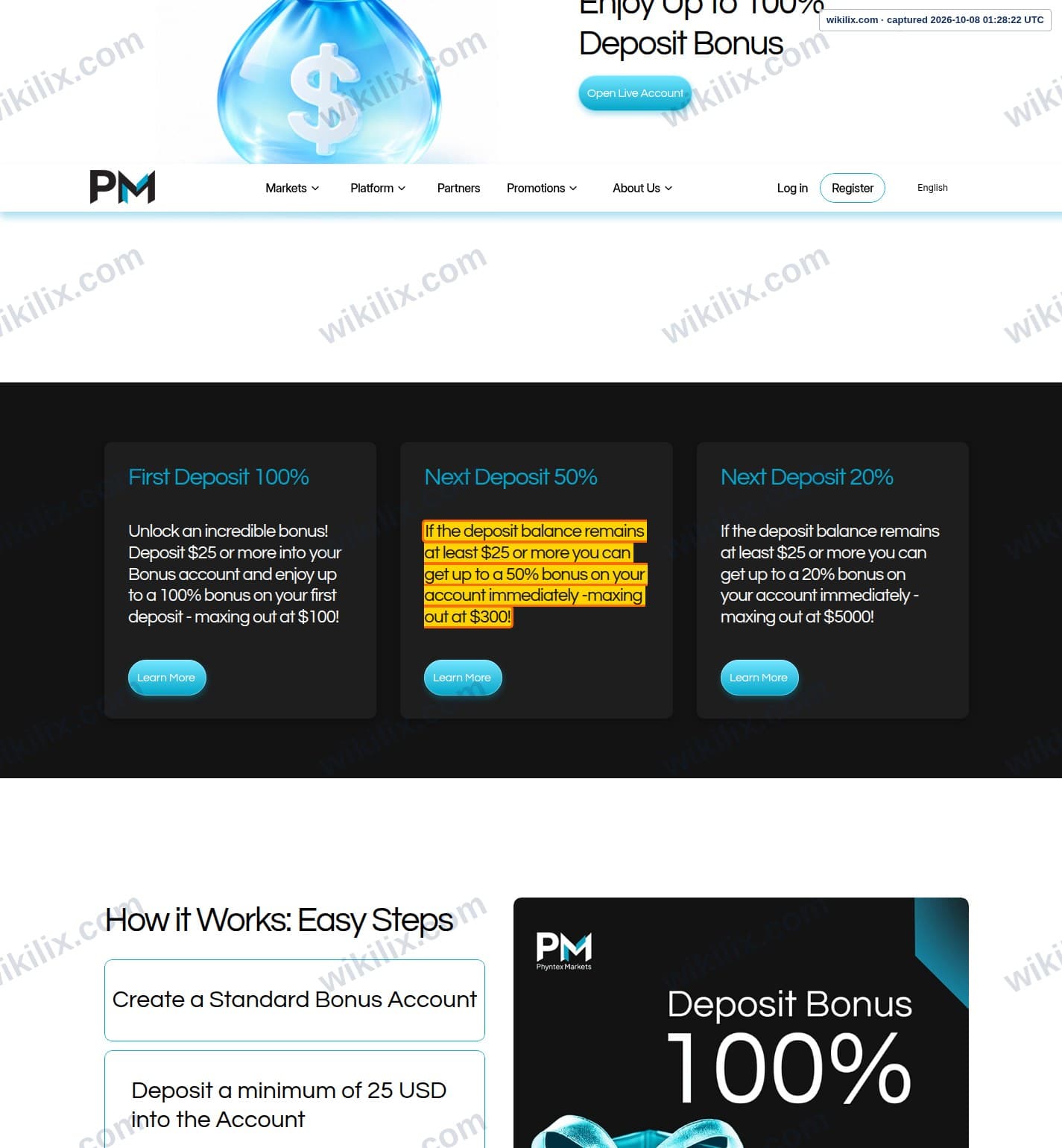 Our full page screenshot of the page that makes this promise, on Phyntex Markets's site phyntexmarkets.com, taken on Oct 8, 2026. The quoted words are marked in the image.