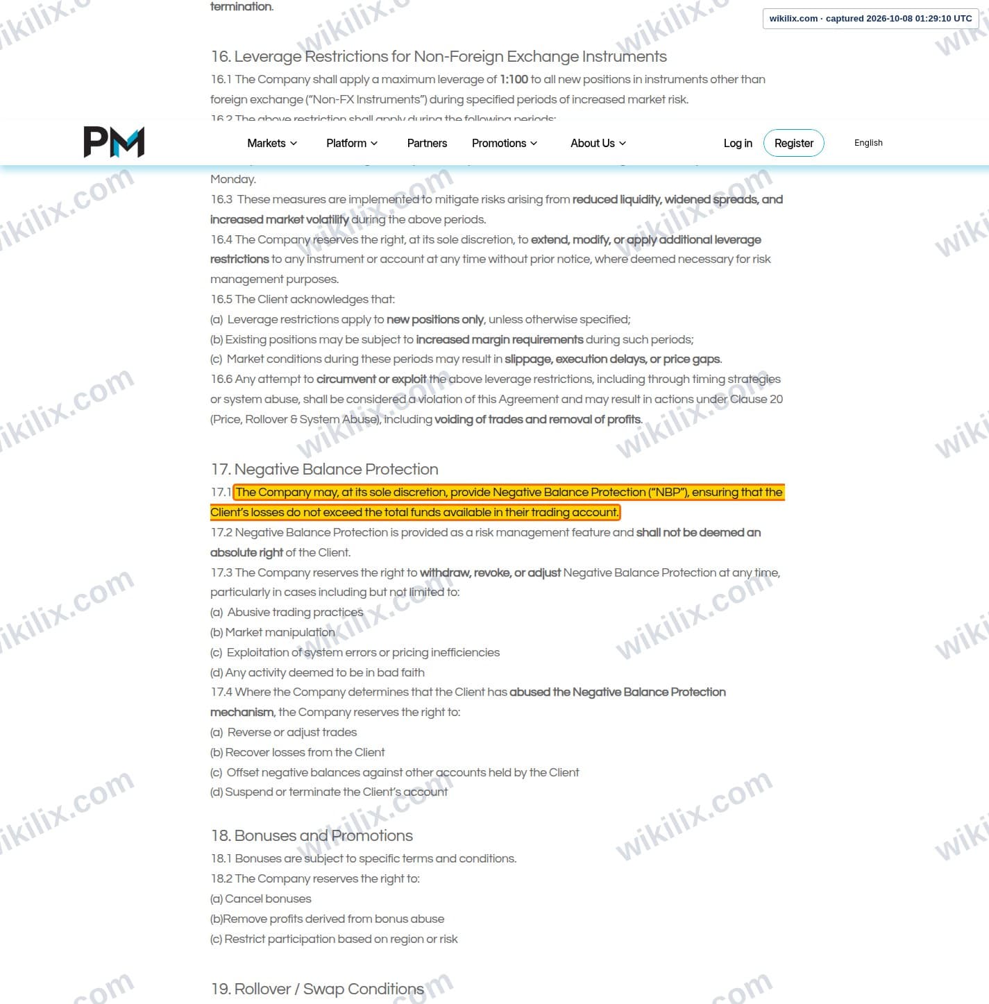 Our full page screenshot of the page this clause sits on, on Phyntex Markets's site phyntexmarkets.com, taken on Oct 8, 2026. The quoted words are marked in the image.