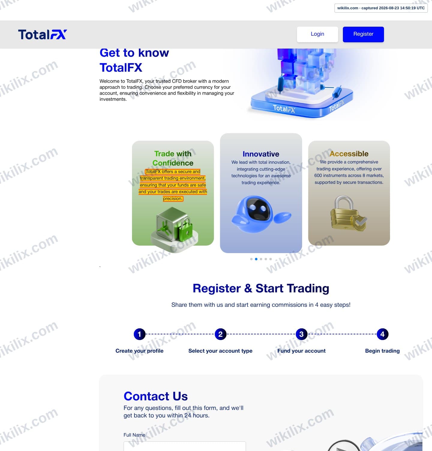 Our full page screenshot of the page that makes this promise, on TotalFX's site totalfx.com, taken on Aug 23, 2026. The quoted words are marked in the image.