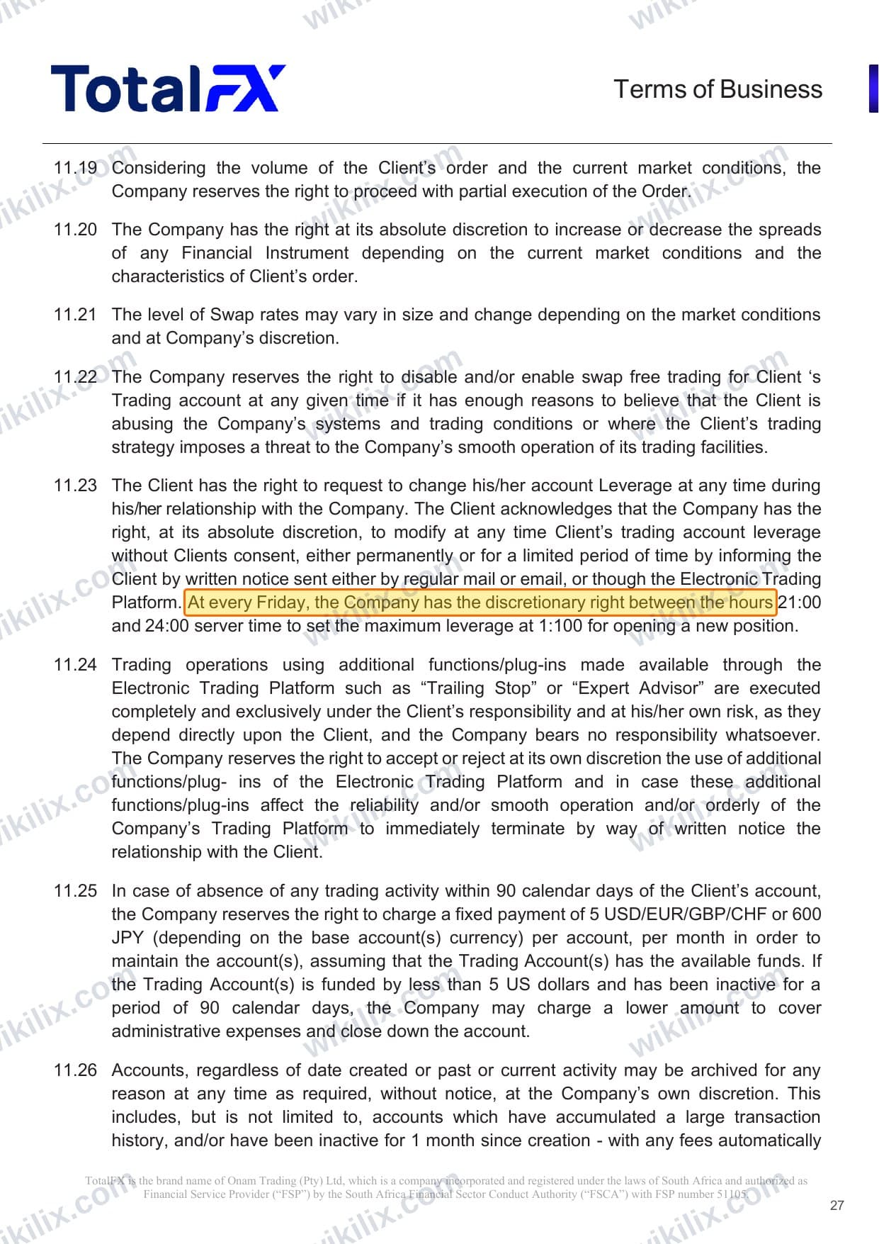 Our full page screenshot of the page this clause sits on, on TotalFX's site totalfx.com, taken on Aug 23, 2026. The quoted words are marked in the image.