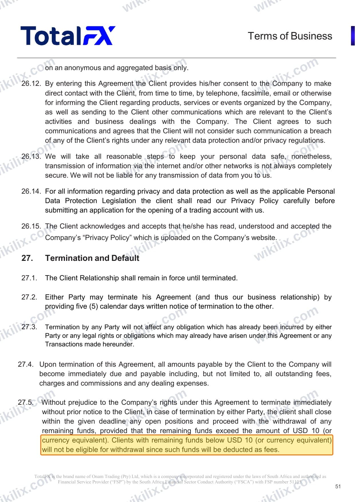 Our full page screenshot of the page this clause sits on, on TotalFX's site totalfx.com, taken on Aug 23, 2026. The quoted words are marked in the image.