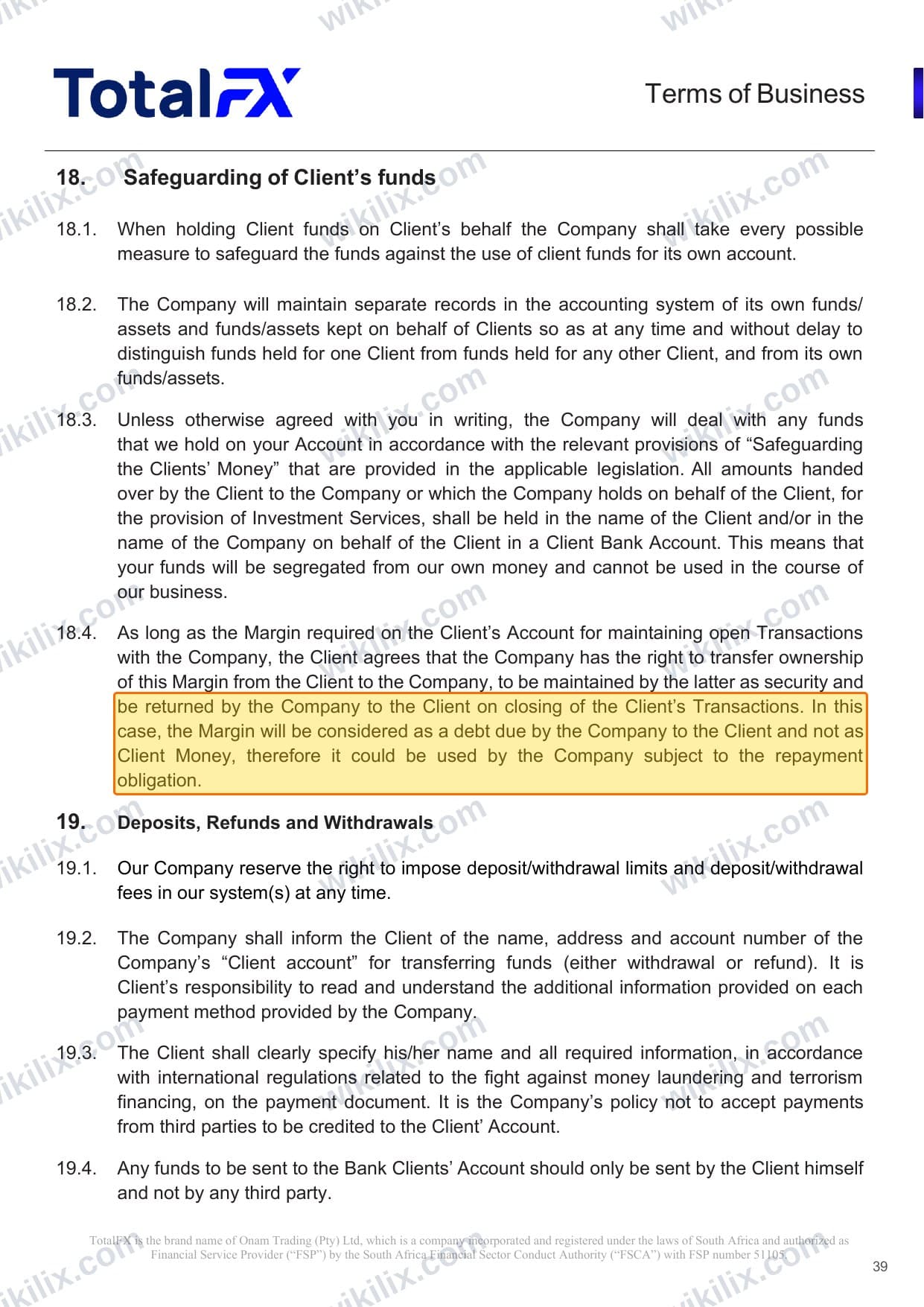 Our full page screenshot of the page this clause sits on, on TotalFX's site totalfx.com, taken on Aug 23, 2026. The quoted words are marked in the image.
