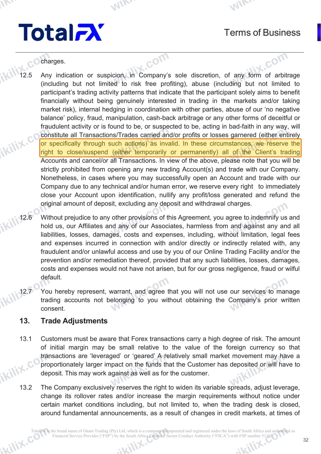 Our full page screenshot of the page this clause sits on, on TotalFX's site totalfx.com, taken on Aug 23, 2026. The quoted words are marked in the image.