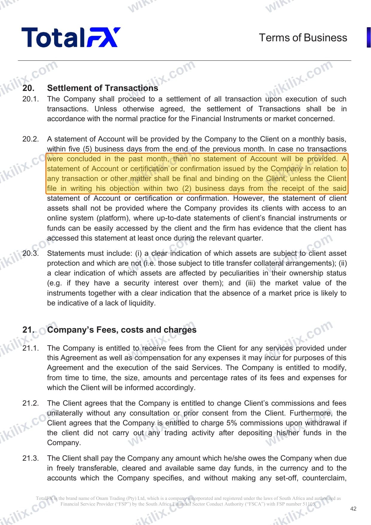 Our full page screenshot of the page this clause sits on, on TotalFX's site totalfx.com, taken on Aug 23, 2026. The quoted words are marked in the image.