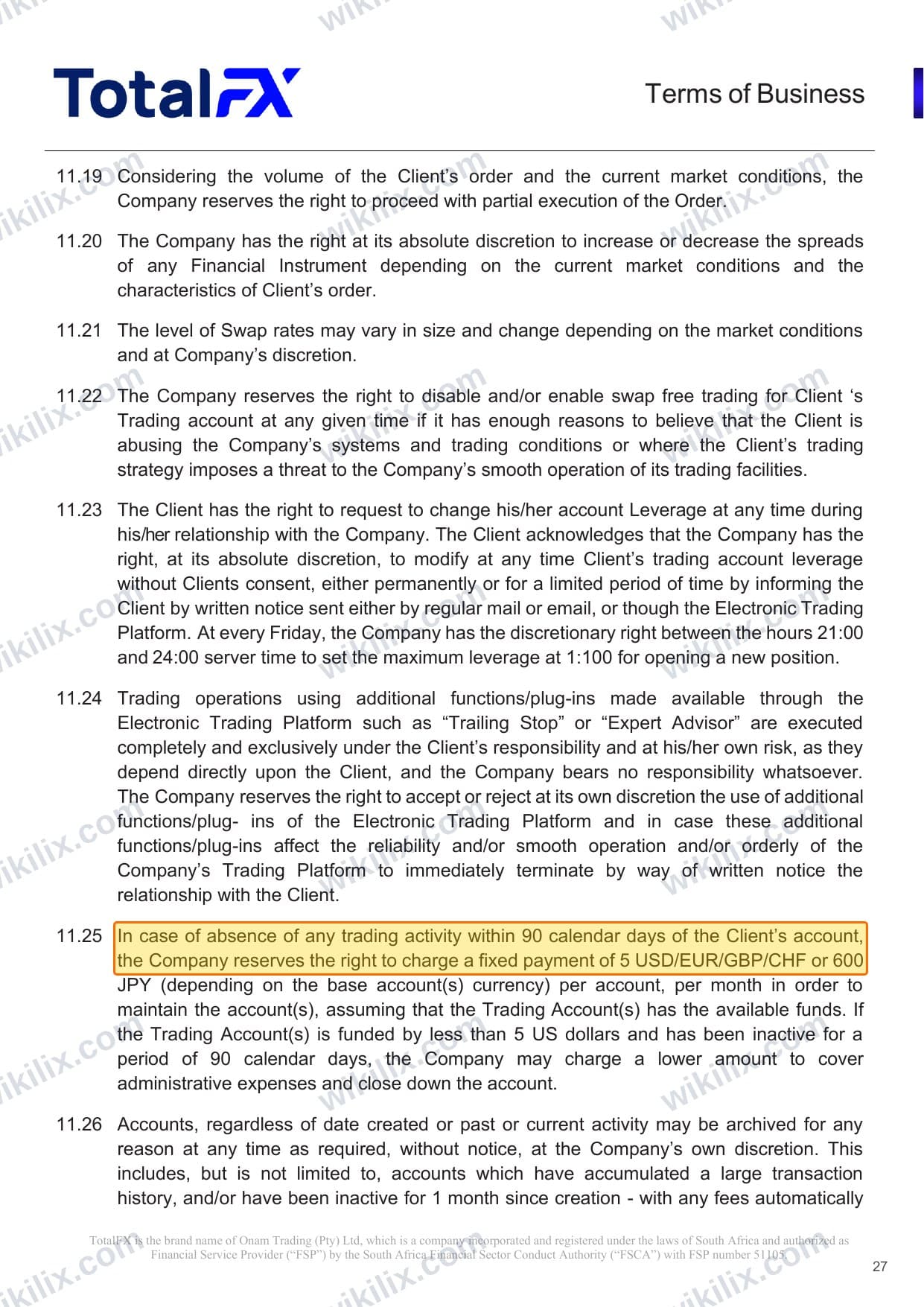 Our full page screenshot of the page this clause sits on, on TotalFX's site totalfx.com, taken on Aug 23, 2026. The quoted words are marked in the image.