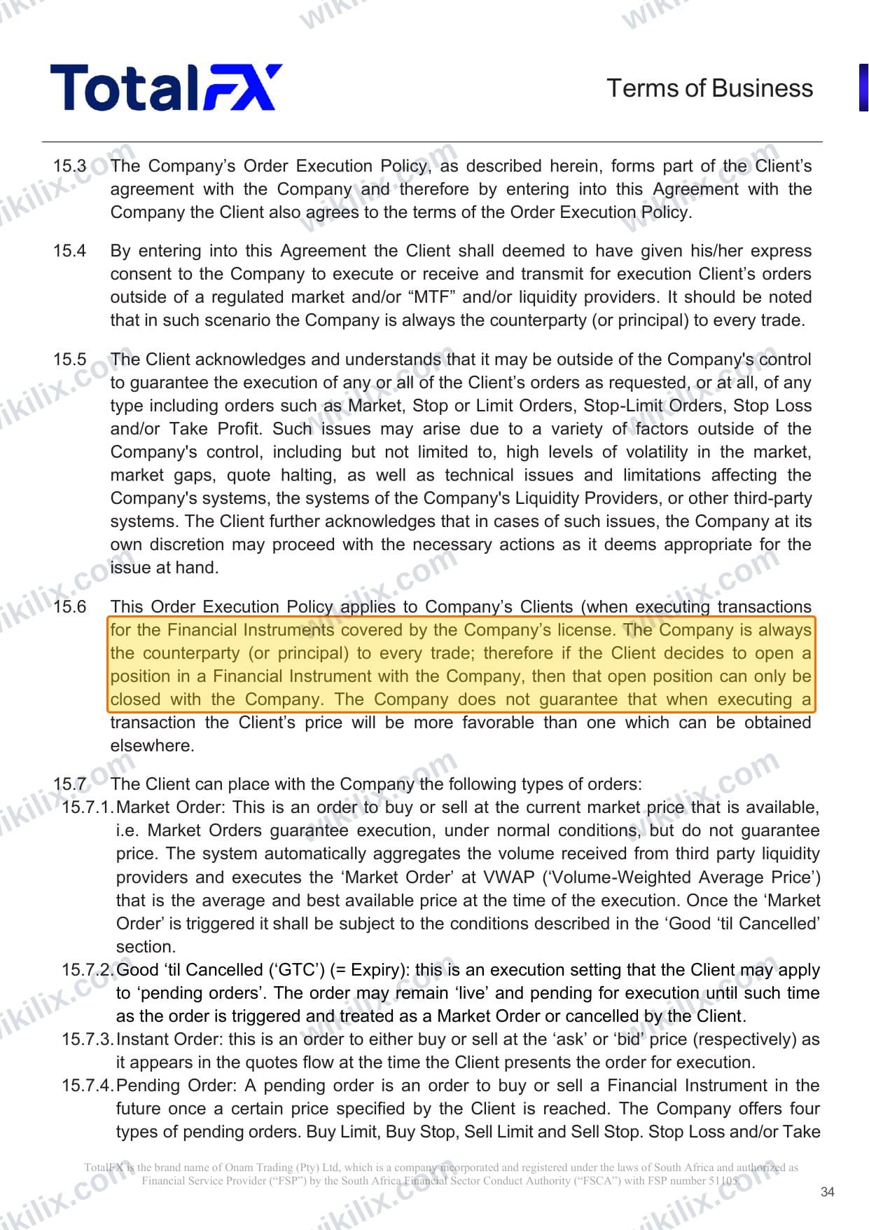Our full page screenshot of the page this clause sits on, on TotalFX's site totalfx.com, taken on Aug 23, 2026. The quoted words are marked in the image.