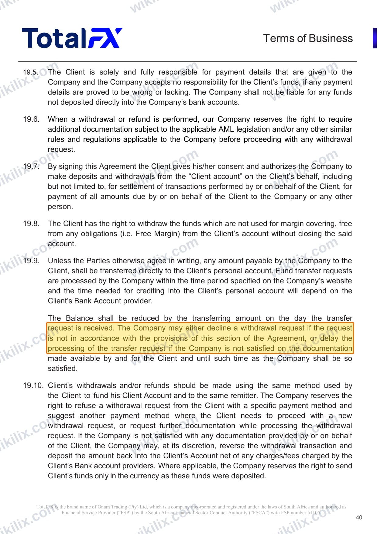 Our full page screenshot of the page this clause sits on, on TotalFX's site totalfx.com, taken on Aug 23, 2026. The quoted words are marked in the image.