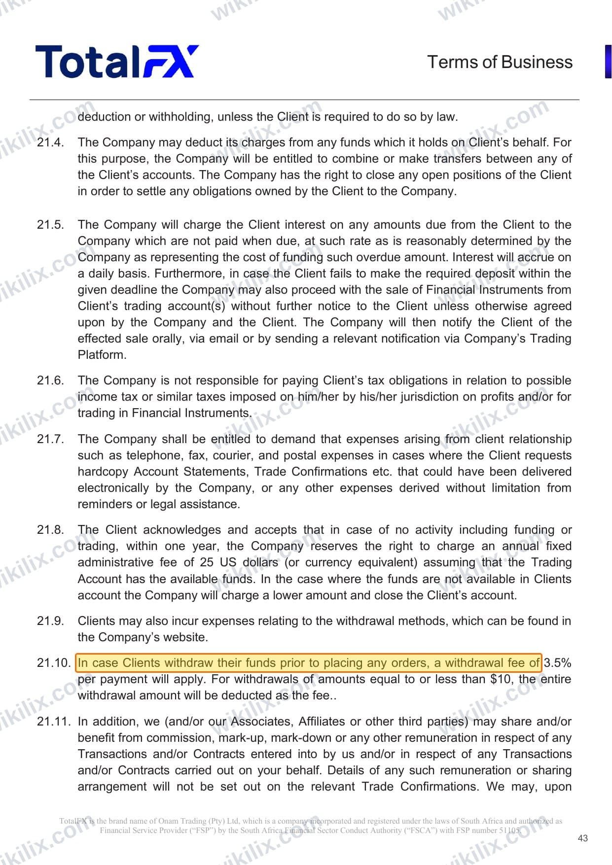 Our full page screenshot of the page this clause sits on, on TotalFX's site totalfx.com, taken on Aug 23, 2026. The quoted words are marked in the image.