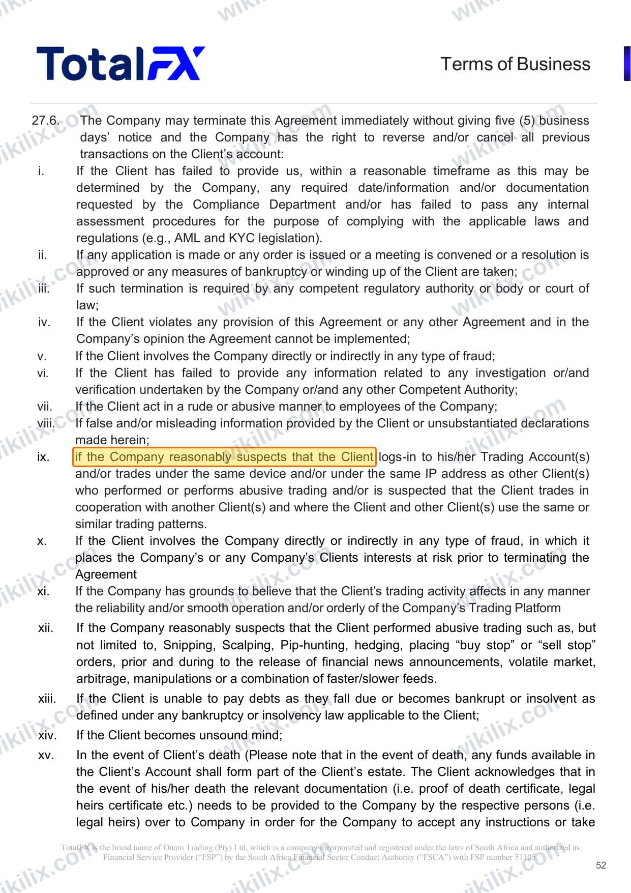 Our full page screenshot of the page this clause sits on, on TotalFX's site totalfx.com, taken on Aug 23, 2026. The quoted words are marked in the image.