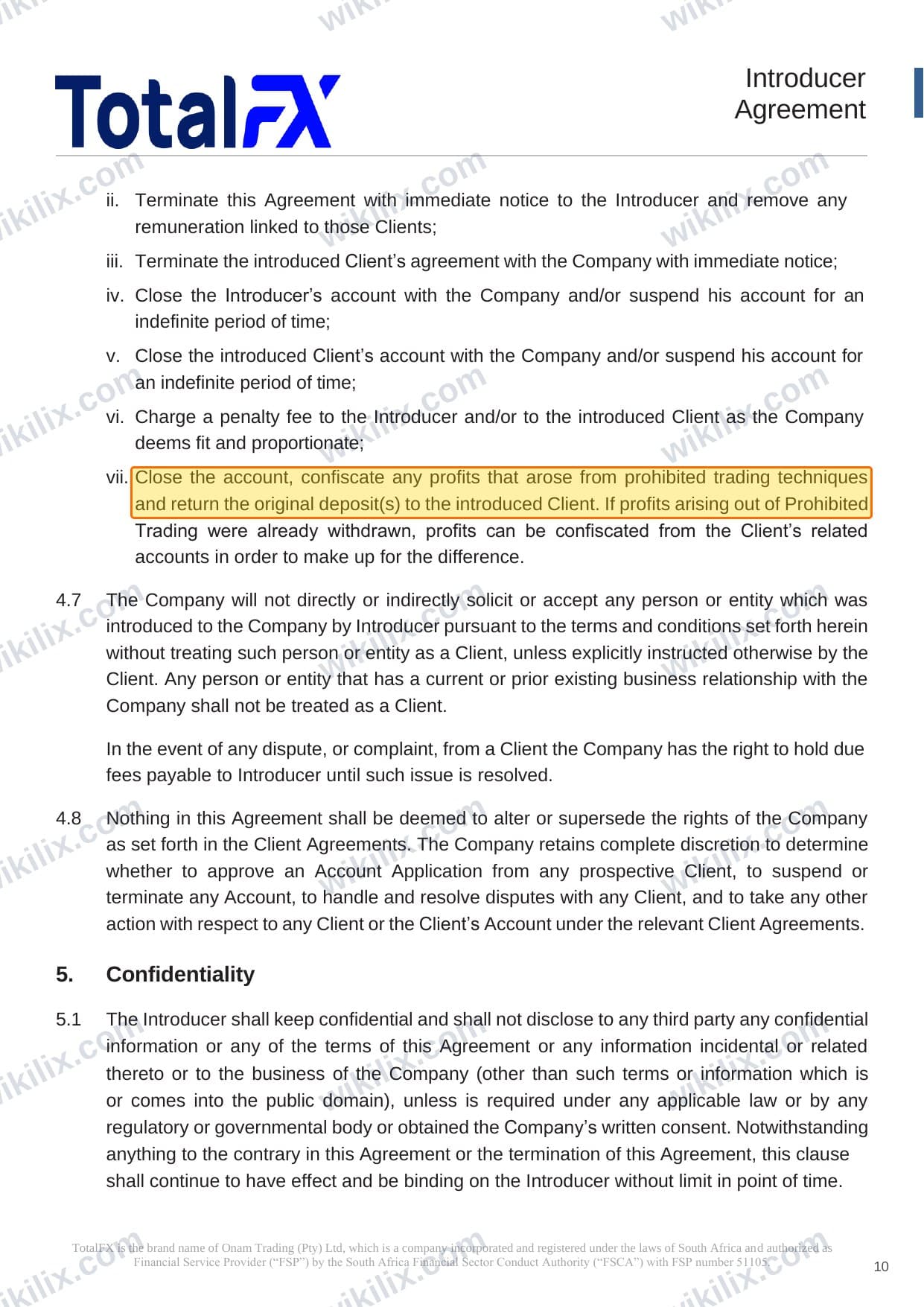 Our full page screenshot of the page this clause sits on, on TotalFX's site totalfx.com, taken on Aug 23, 2026. The quoted words are marked in the image.