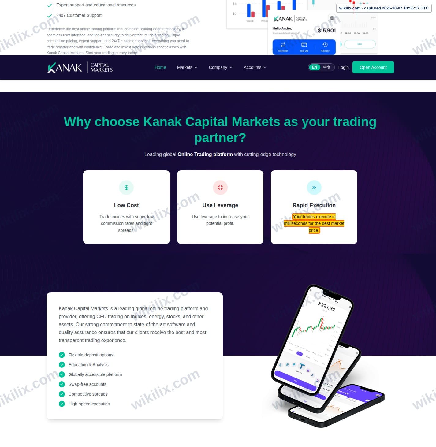Our full page screenshot of the page that makes this promise, on Kanak Capital Markets's site kanakmarkets.com, taken on Oct 7, 2026. The quoted words are marked in the image.