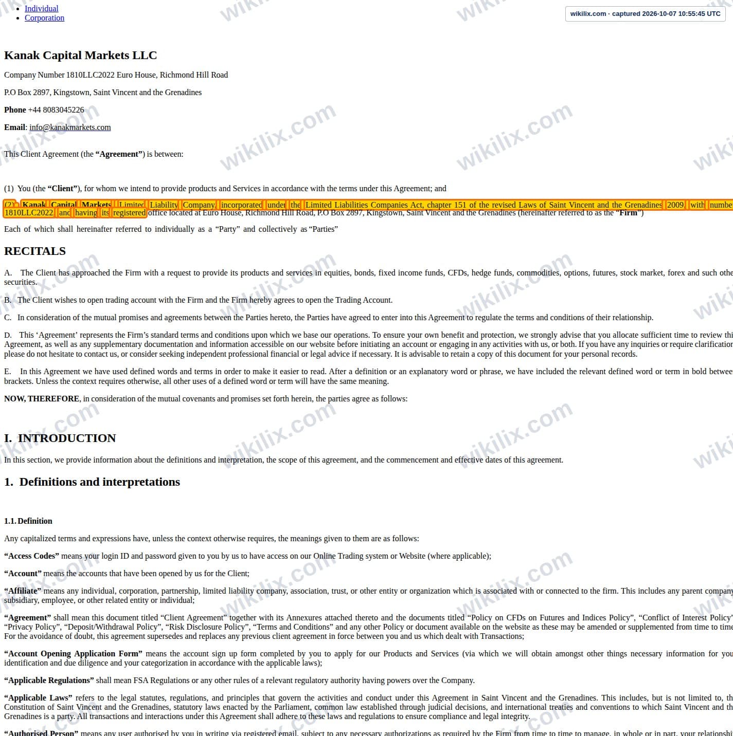 Our full page screenshot of the page this clause sits on, on Kanak Capital Markets's site portal.kanakcapitalmarkets.com, taken on Oct 7, 2026. The quoted words are marked in the image.