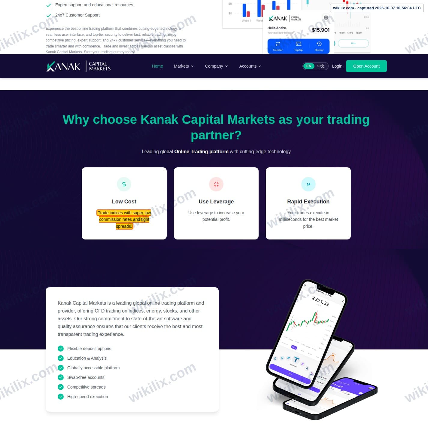 Our full page screenshot of the page that makes this promise, on Kanak Capital Markets's site kanakmarkets.com, taken on Oct 7, 2026. The quoted words are marked in the image.