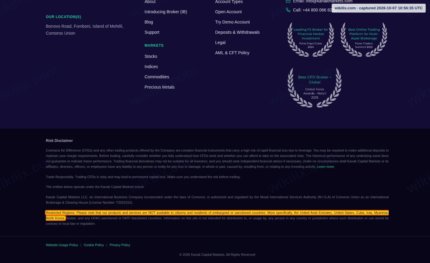 Our full page screenshot of the page this clause sits on, on Kanak Capital Markets's site kanakmarkets.com, taken on Oct 7, 2026. The quoted words are marked in the image.
