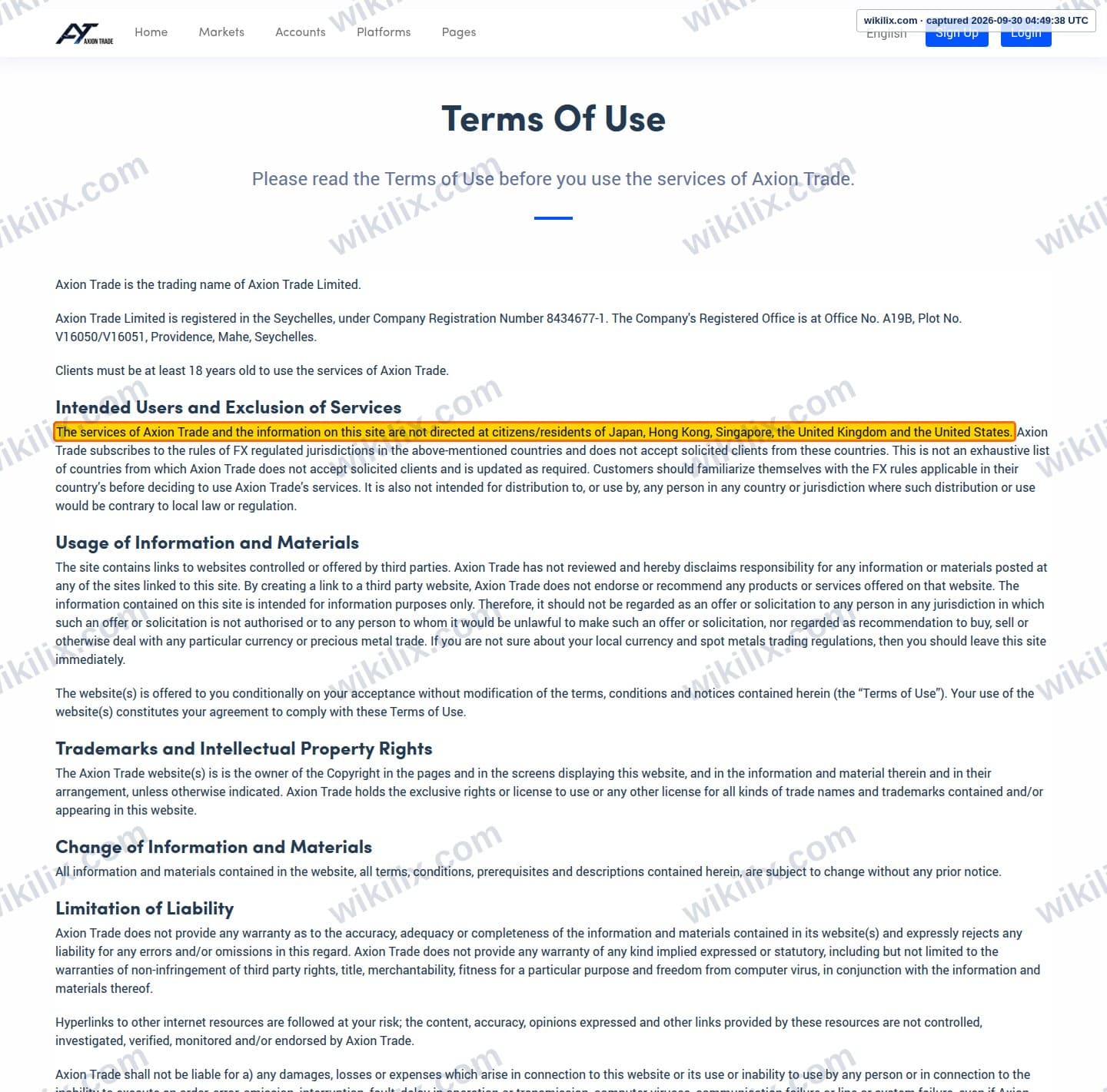 Our full page screenshot of the page this clause sits on, on Axion Trade's site axiontrade.net, taken on Sep 30, 2026. The quoted words are marked in the image.