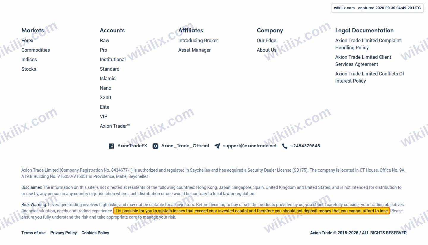 Our full page screenshot of the page this clause sits on, on Axion Trade's site axiontrade.net, taken on Sep 30, 2026. The quoted words are marked in the image.