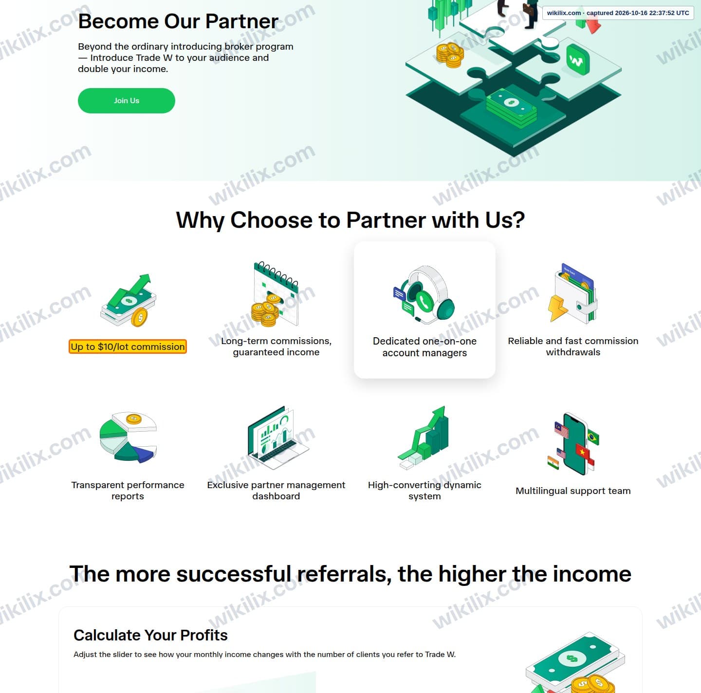 Our full page screenshot of the page that makes this promise, on Trade W's site tradewill.com, taken on Oct 16, 2026. The quoted words are marked in the image.