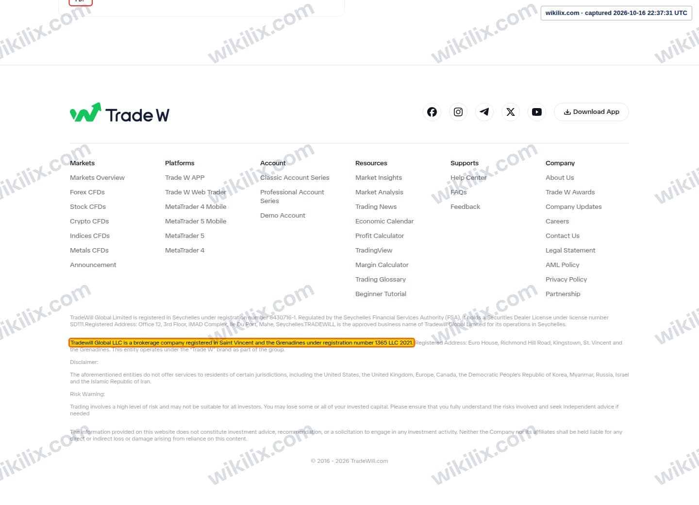 Our full page screenshot of the page this clause sits on, on Trade W's site tradewill.com, taken on Oct 16, 2026. The quoted words are marked in the image.