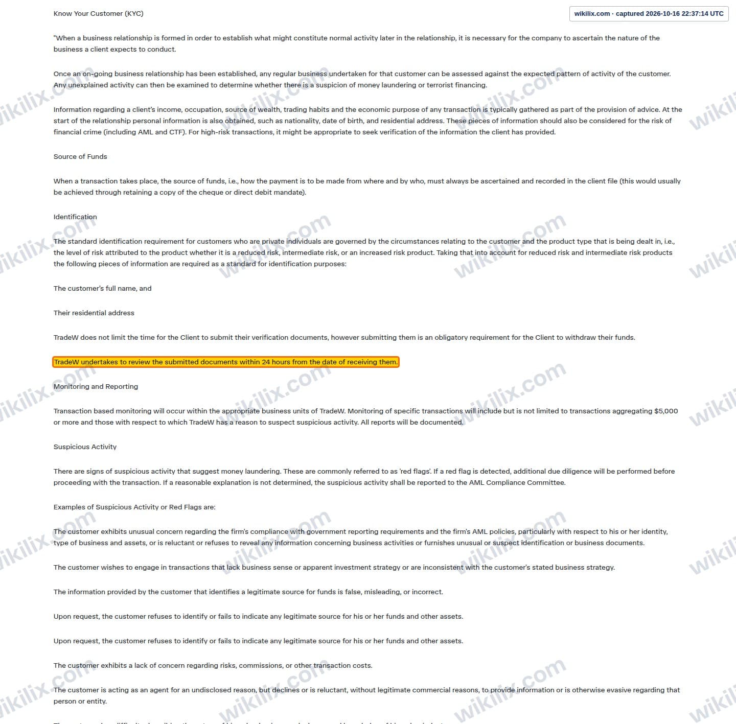 Our full page screenshot of the page this clause sits on, on Trade W's site tradewill.com, taken on Oct 16, 2026. The quoted words are marked in the image.