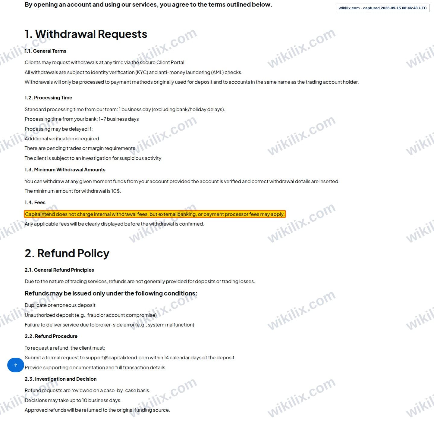 Our full page screenshot of the page that makes this promise, on CapitalXtend's site capitalxtend.com, taken on Sep 15, 2026. The quoted words are marked in the image.
